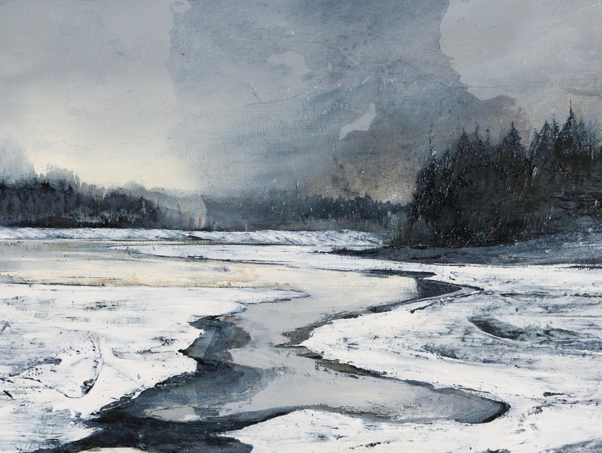 Unseen, Grey landscape oil painting - Painting by Mark Thompson