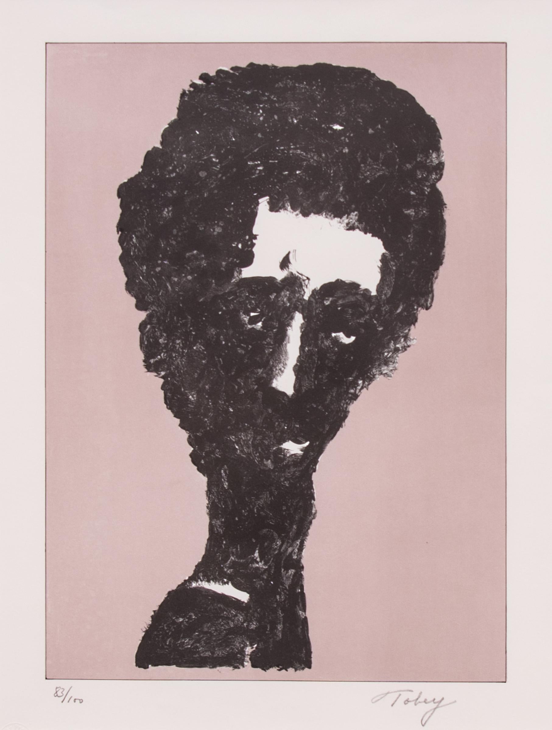 Head of a Man, Portrait by Mark Toby; Signed Lithograph 83/100, Pink Black White - Print by Mark Tobey
