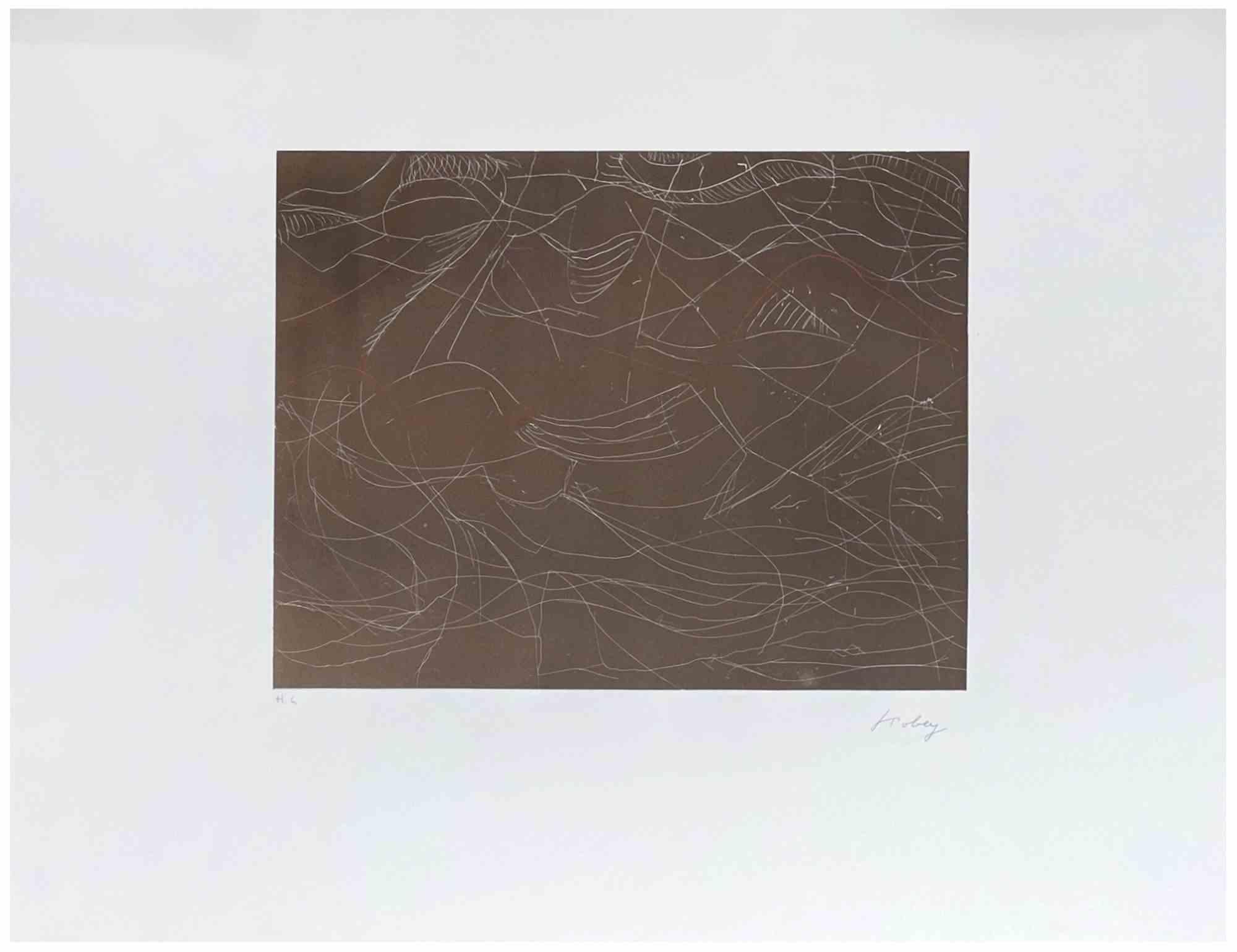 Abstract Composition is an artwork realized by Mark Tobey in 1975. 
Etching on Wove Paper, Signed and marked H.C.
Published by Baukunst Galerie, Koln. Prov. Coll Jorg Kees. 
Hand signed in the lower right part. 
Very good condition.