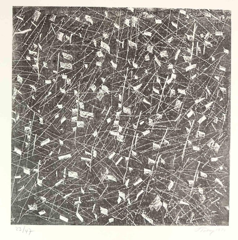 Abstract composition is an original artwork realized by Mark Tobey in 1970.

Mixed colored aquatint and etching on paper paper.

Hand signed and dated on the Lower right

Numbered on the lower left. Edition of  23/47. Dry stamp of Erker Presse.
