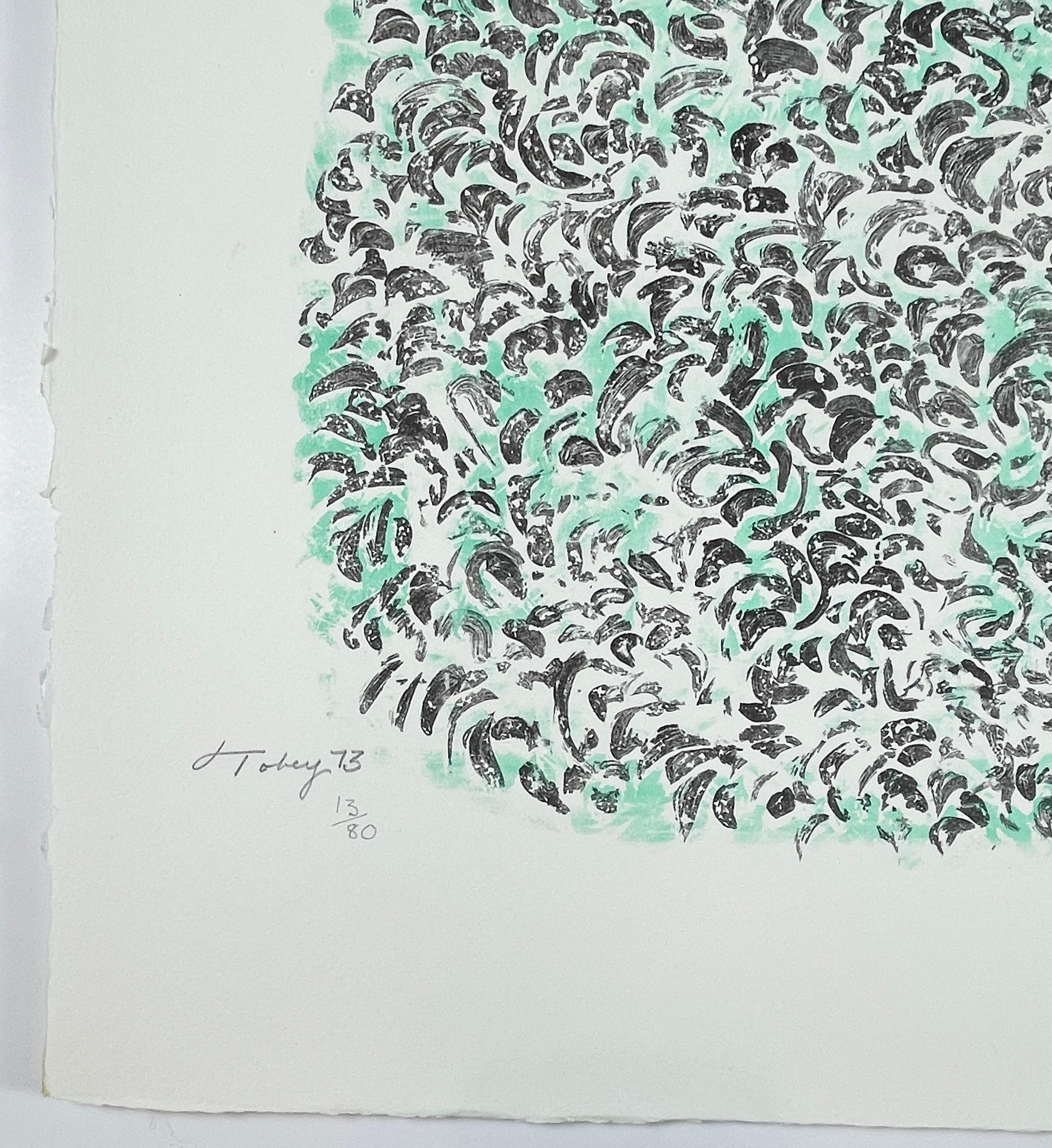 Clarté I Mark Tobey abstract green turquoise and black lithograph  For Sale 1