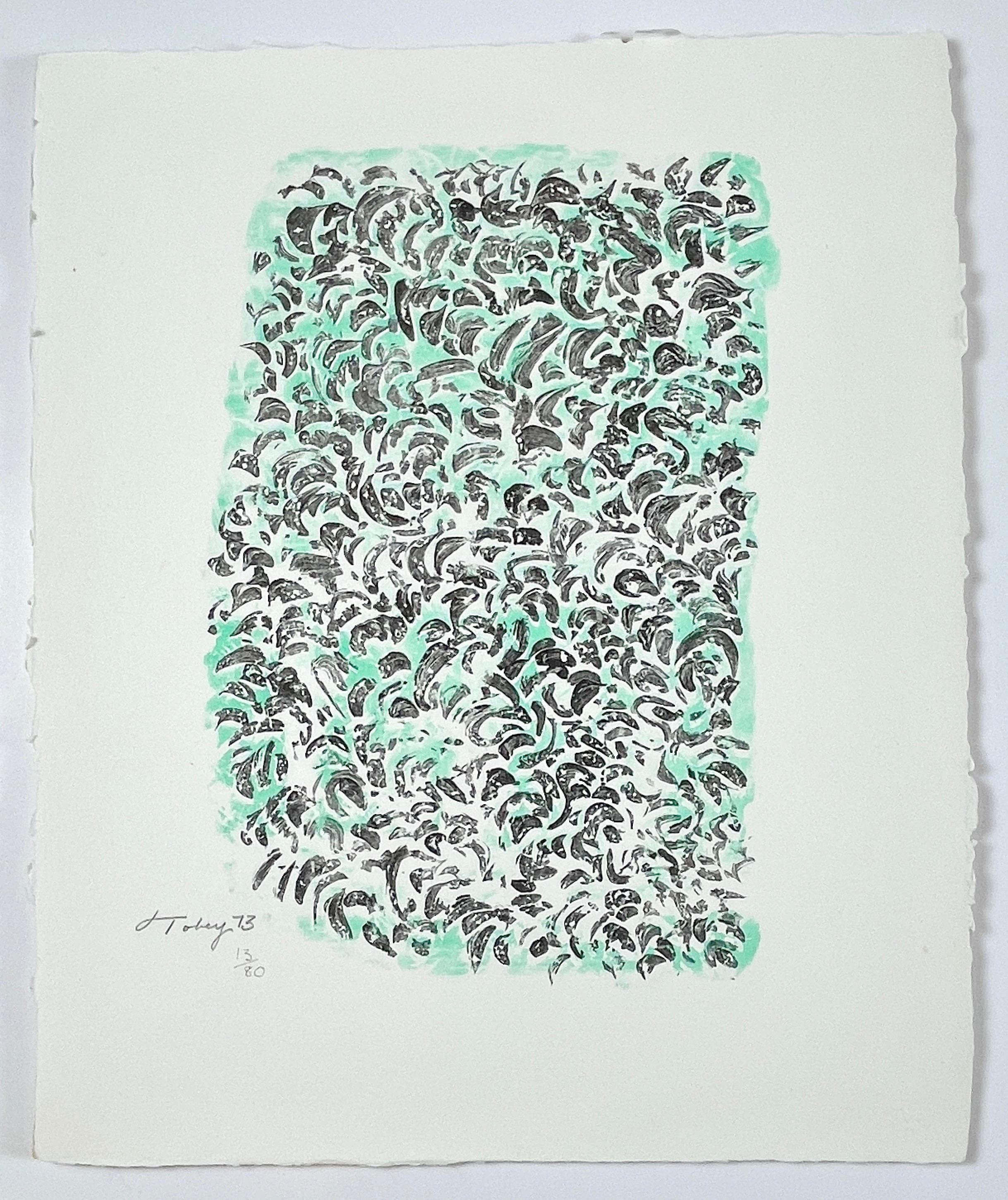 Clarté I Mark Tobey abstract green turquoise and black lithograph For Sale 2