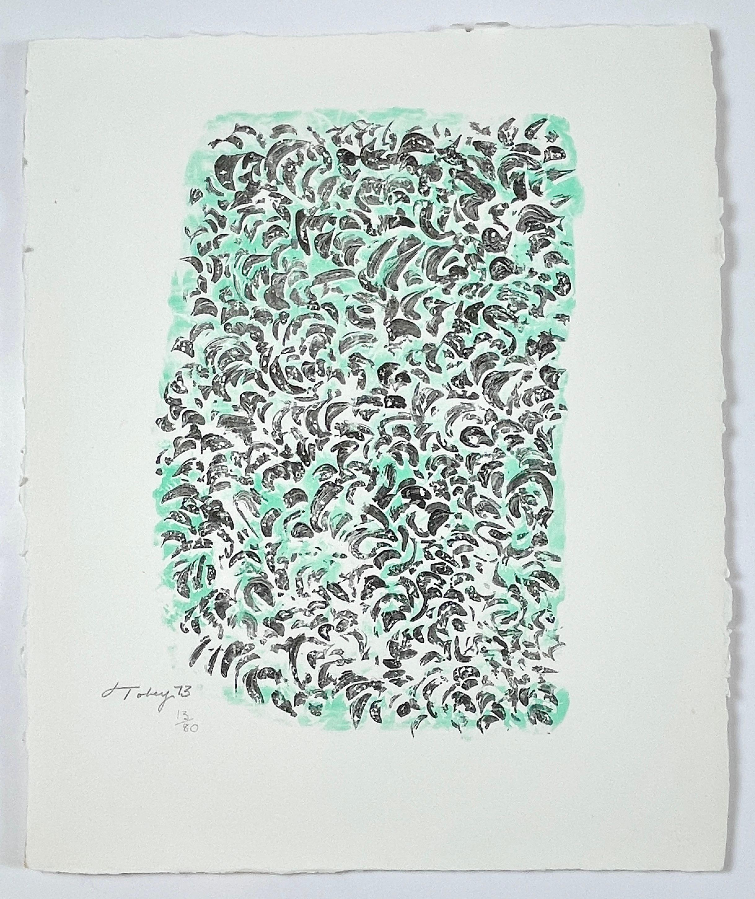 Clarté I Mark Tobey abstract green turquoise and black lithograph  For Sale 2