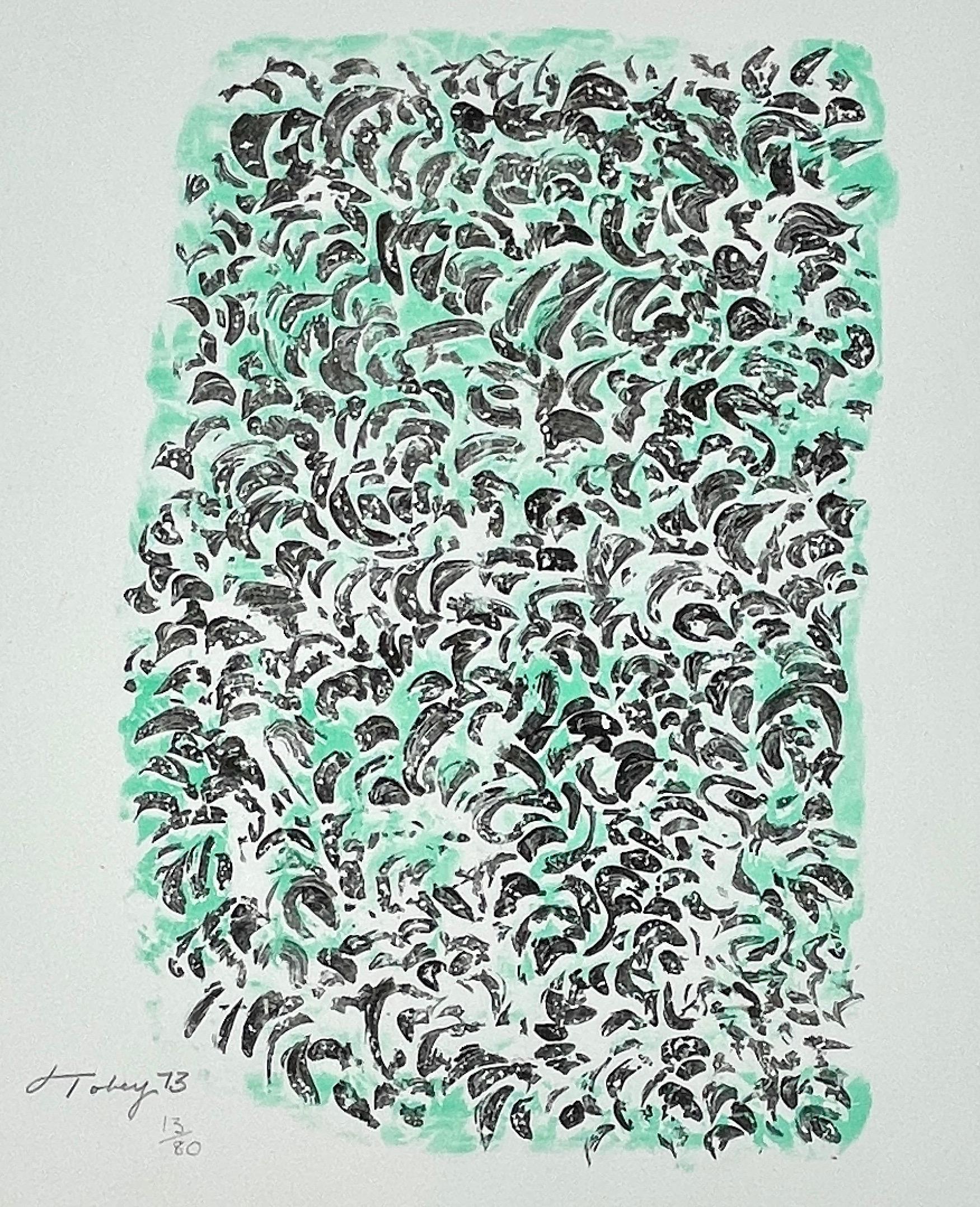 Clarté by Mark Tobey is a characteristically delicate, abstract composition of swirling green and black curls. The gentle movement of his mark-making suggests a natural form such as tree tops, or a meadow. John Cage once said of going on a walk with