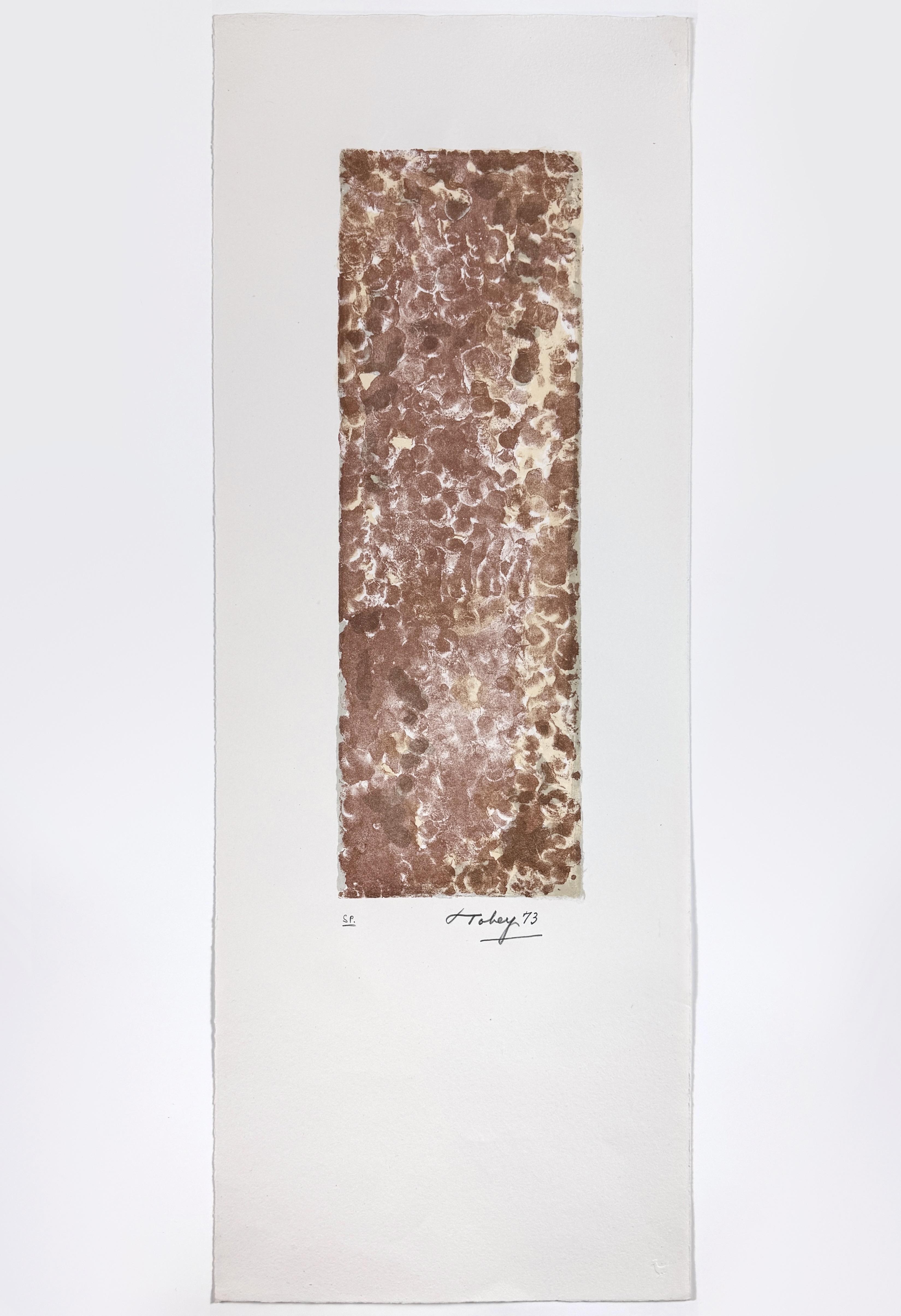 An expressive, moody abstract composition in tan and brown, with Mark Tobey’s soft, calligraphy-inspired mark-making reminiscent of earth, loam, or even flowing water.

Mark Tobey, Fragment 1973
Lithograph
image: 15 3/4 x 5 1/4 inches / 40 x 13.33