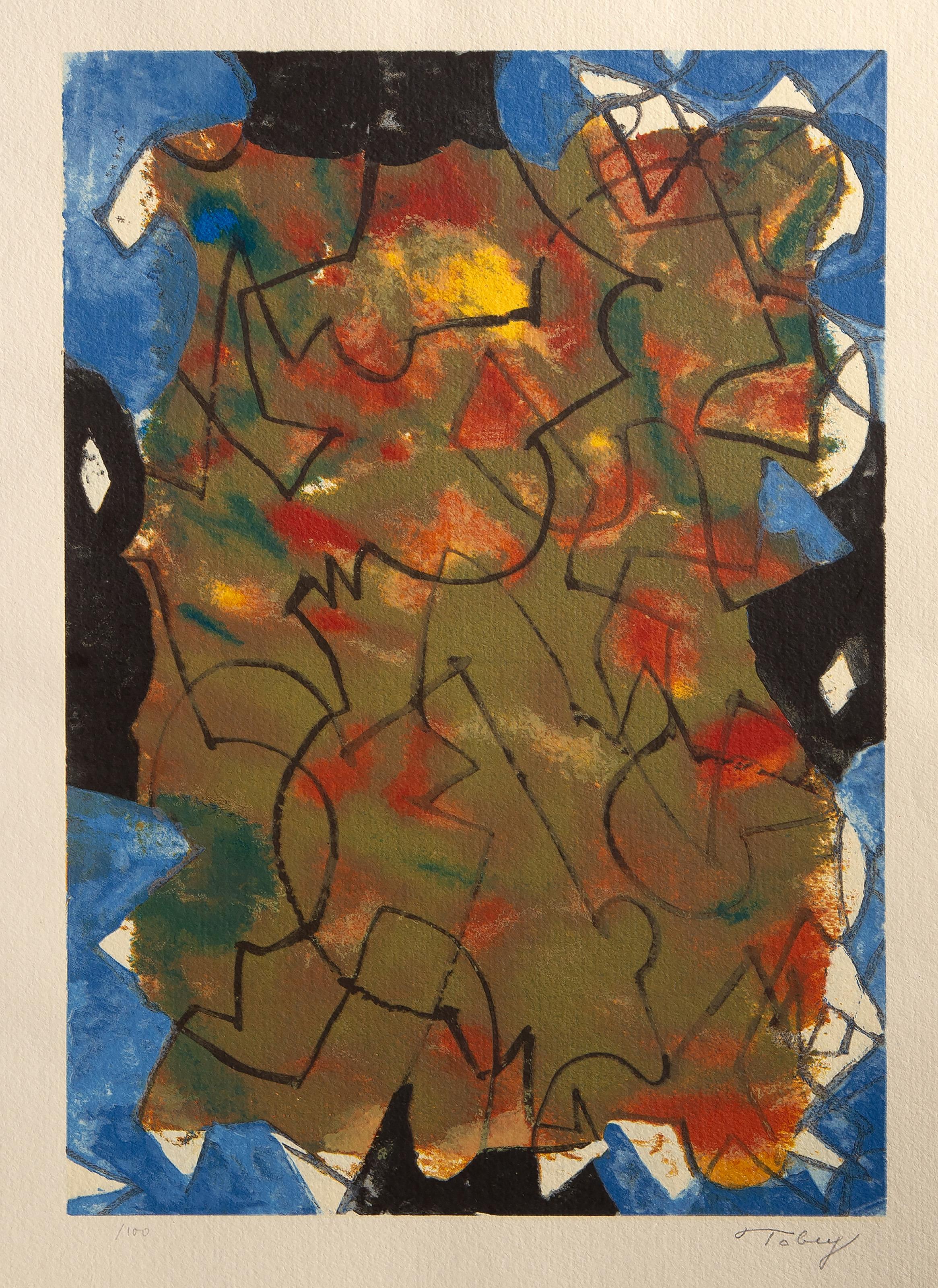  Mark Tobey, American (1890 - 1976) -  Glowing Fall, Year: 1975, Medium: Screenprint on Richard Des Bas, signed and numbered in pencil, Edition: 100, Image Size: 19 x 13.25 inches, Size: 27 x 20 in. (68.58 x 50.8 cm), Publisher: Edition de