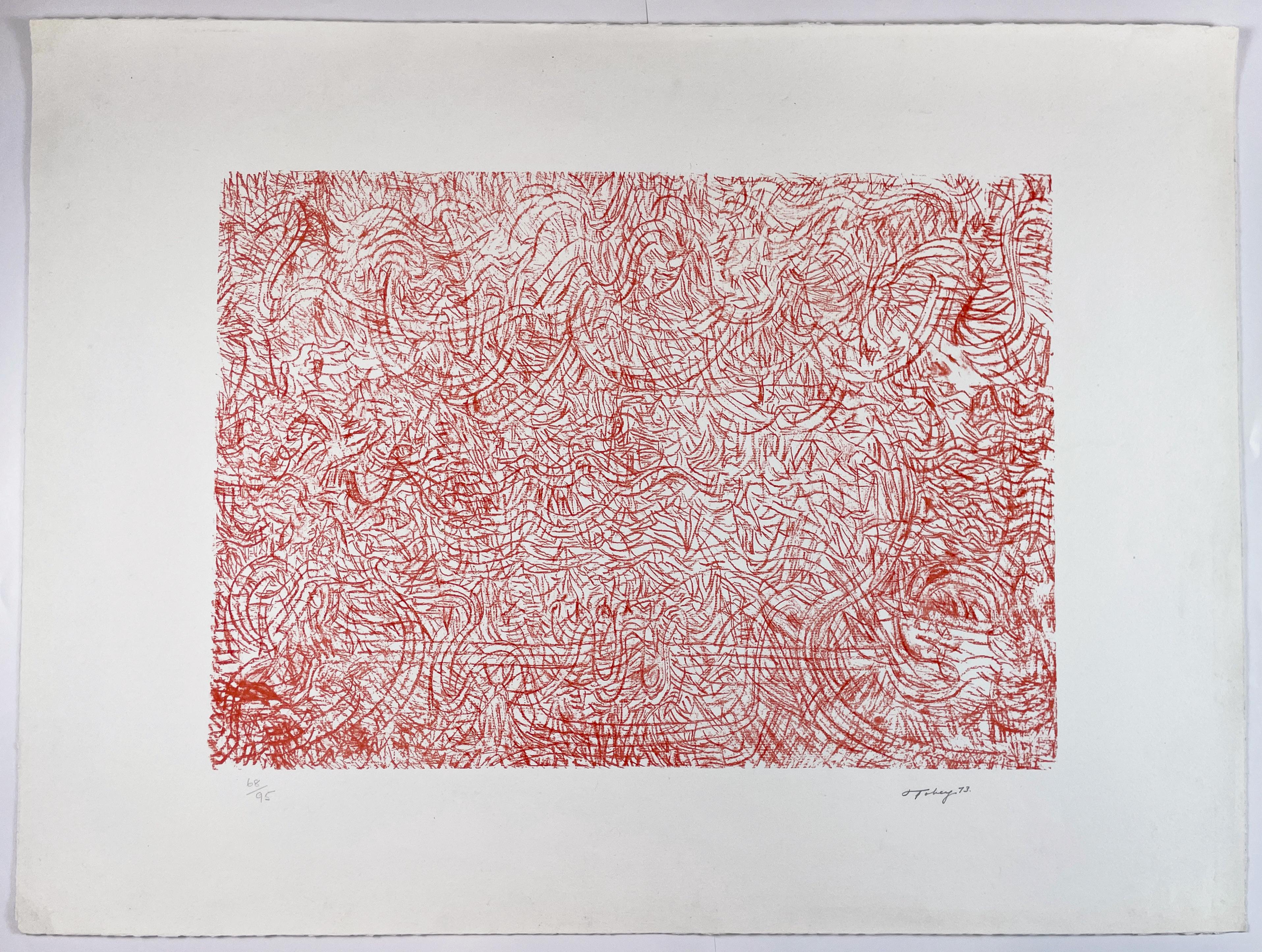 Mandarin and Flowers by Mark Tobey red abstract calligraphy lithograph drawing For Sale 1