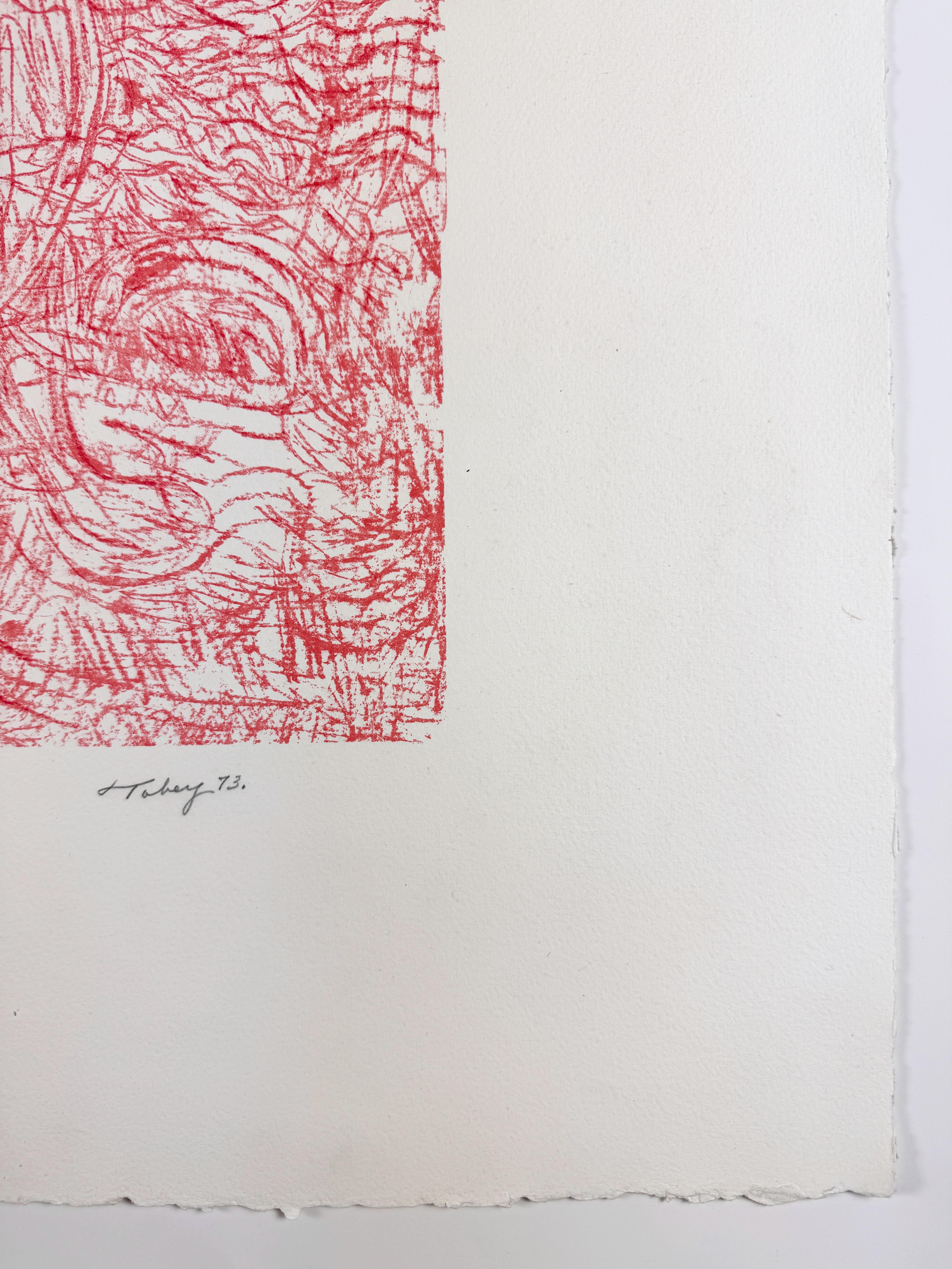Mandarin and Flowers by Mark Tobey red abstract calligraphy lithograph drawing For Sale 4