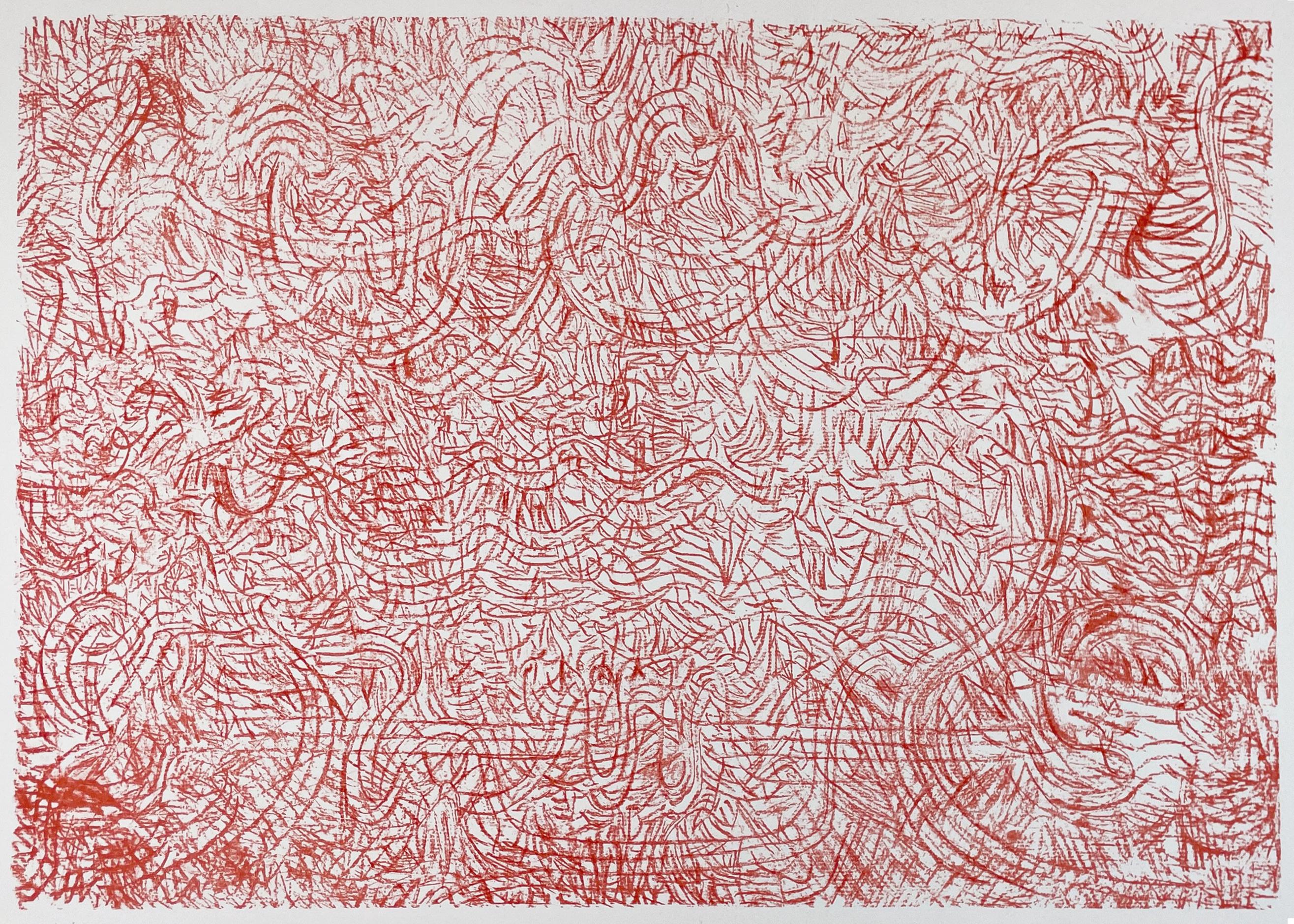 An expressive, jubilant abstract composition in vibrant scarlet red, with Mark Tobey’s calligraphy-inspired mark-making creating a textured matrix of lines that seems to wave and swirl.

Mark Tobey, Mandarin and Flowers 1973
Image 27 1/8 x 19 1/2