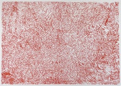 Mandarin und Blumen von Mark Tobey Rot abstrakte Kalligrafie Lithographie Zeichnung