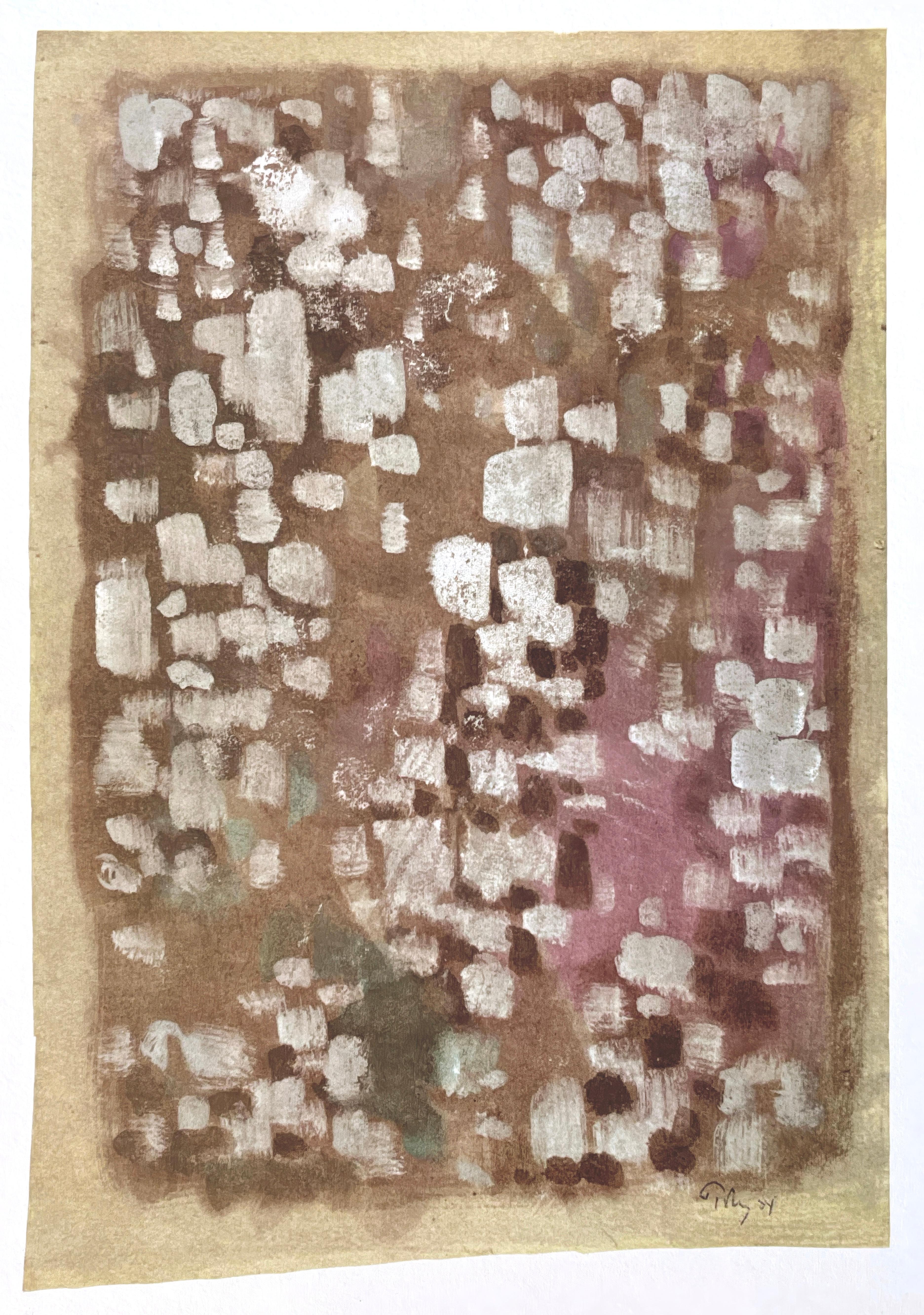 This exquisite heliogravure after Mark Tobey (1890–1976), titled Formes flottantes (Floating Forms), from the folio Mark Tobey, Peintres d'aujourd'hui (Mark Tobey, Painters of Today), originates from the 1961 edition published by Fernand Hazan,