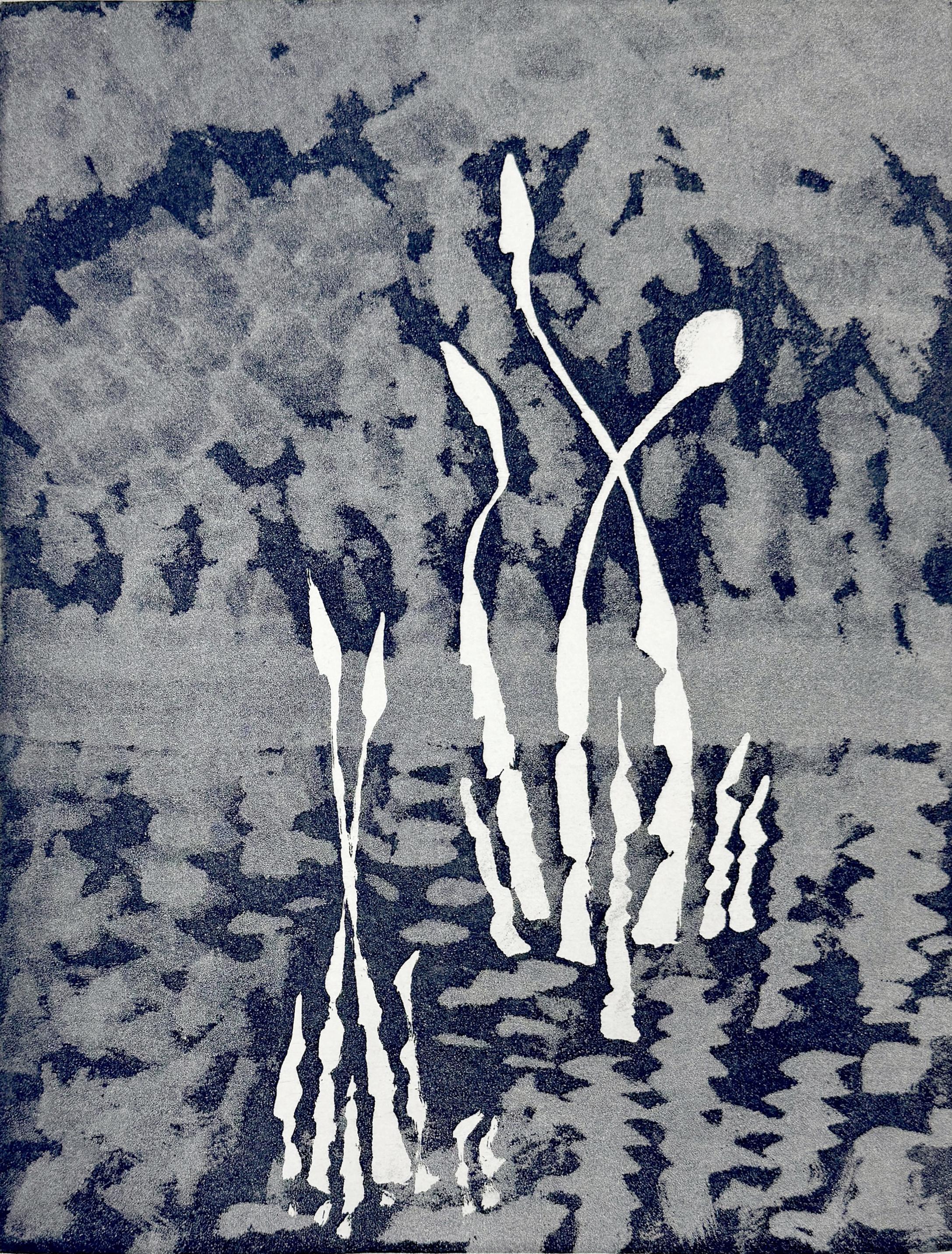 This moody composition depicts an abstracted waterscape—perhaps reeds waving gently, emerging from the water in which a cloudy sky is reflected. This etching is from Mark Tobey’s 1971 portfolio Transitions. Of his attempt to capture the transition