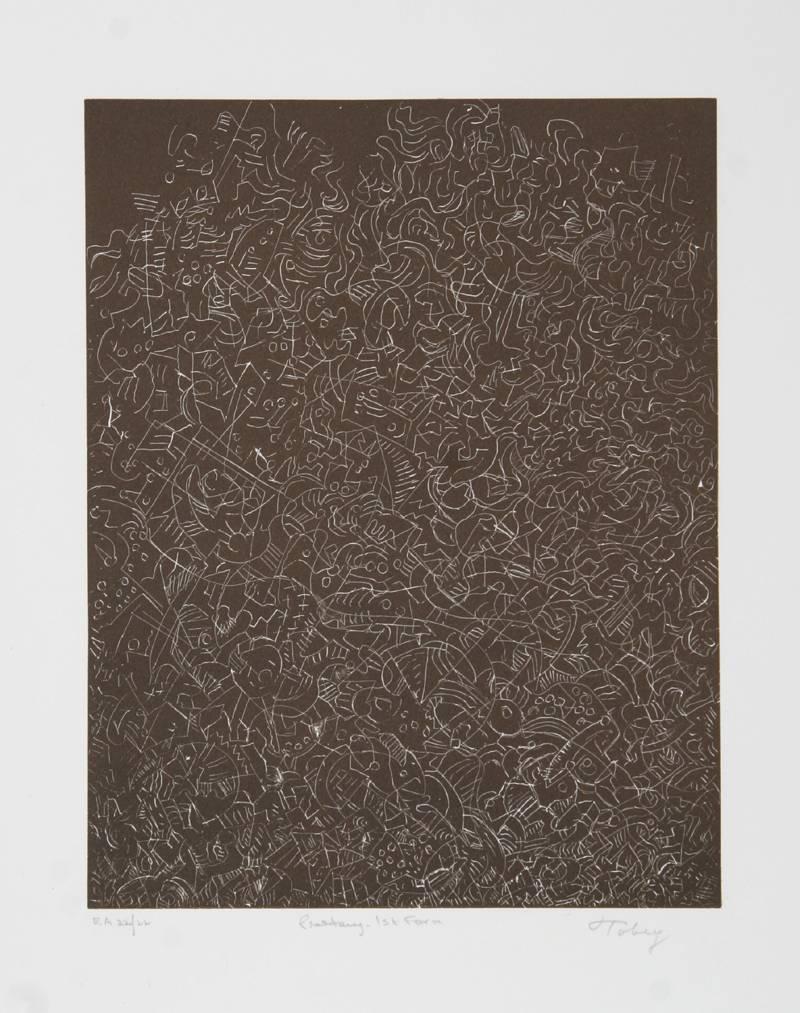 Artist: Mark Tobey, American (1890 - 1976)
Title: Psaltery, 1st Form
Year: 1974
Medium: Etching on BFK Rives, signed and numbered in pencil
Edition: EA 22
Paper Size: 25.5 x 19.5 in. ; Image: 14 x 11 inches

Printer: Atelier Rigal, Fontenay Aux