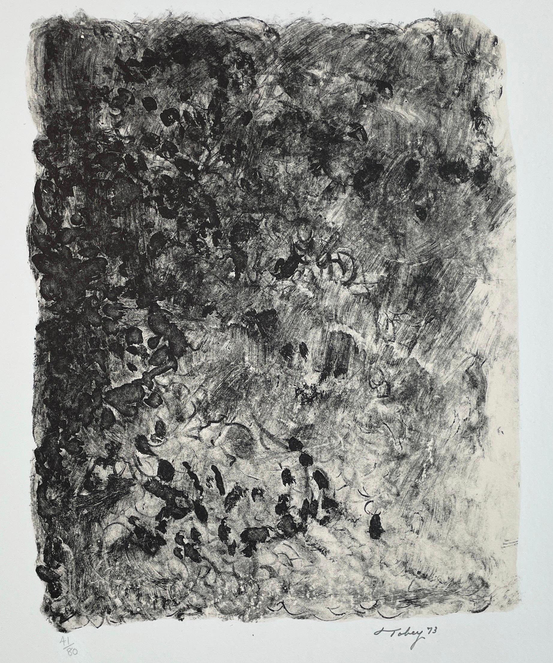 Ritual Mark Tobey litografía abstracta negra bronceada y blanca