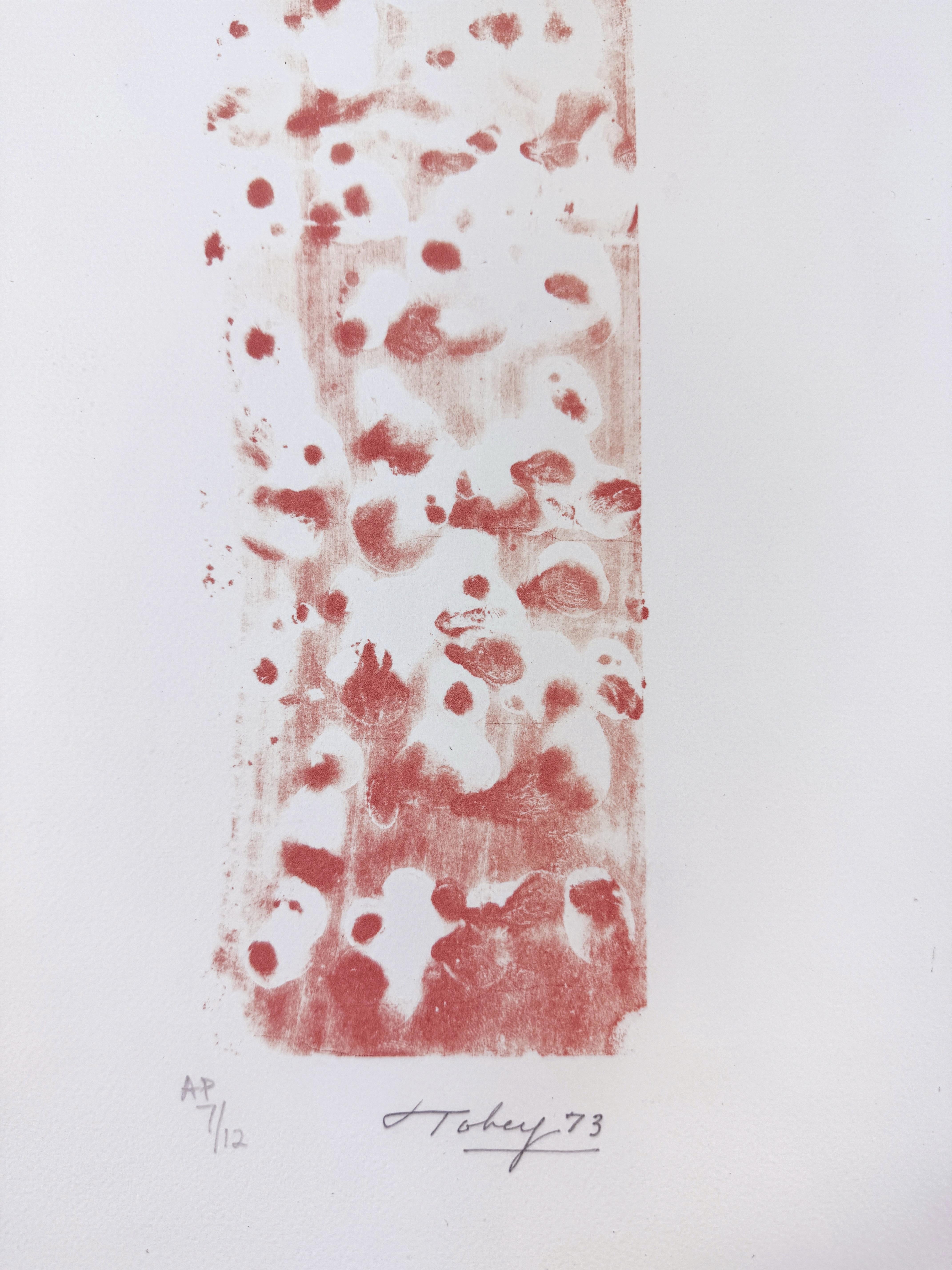 Underwater Fragment (red) by Mark Tobey calligraphic water abstract scene in red For Sale 1