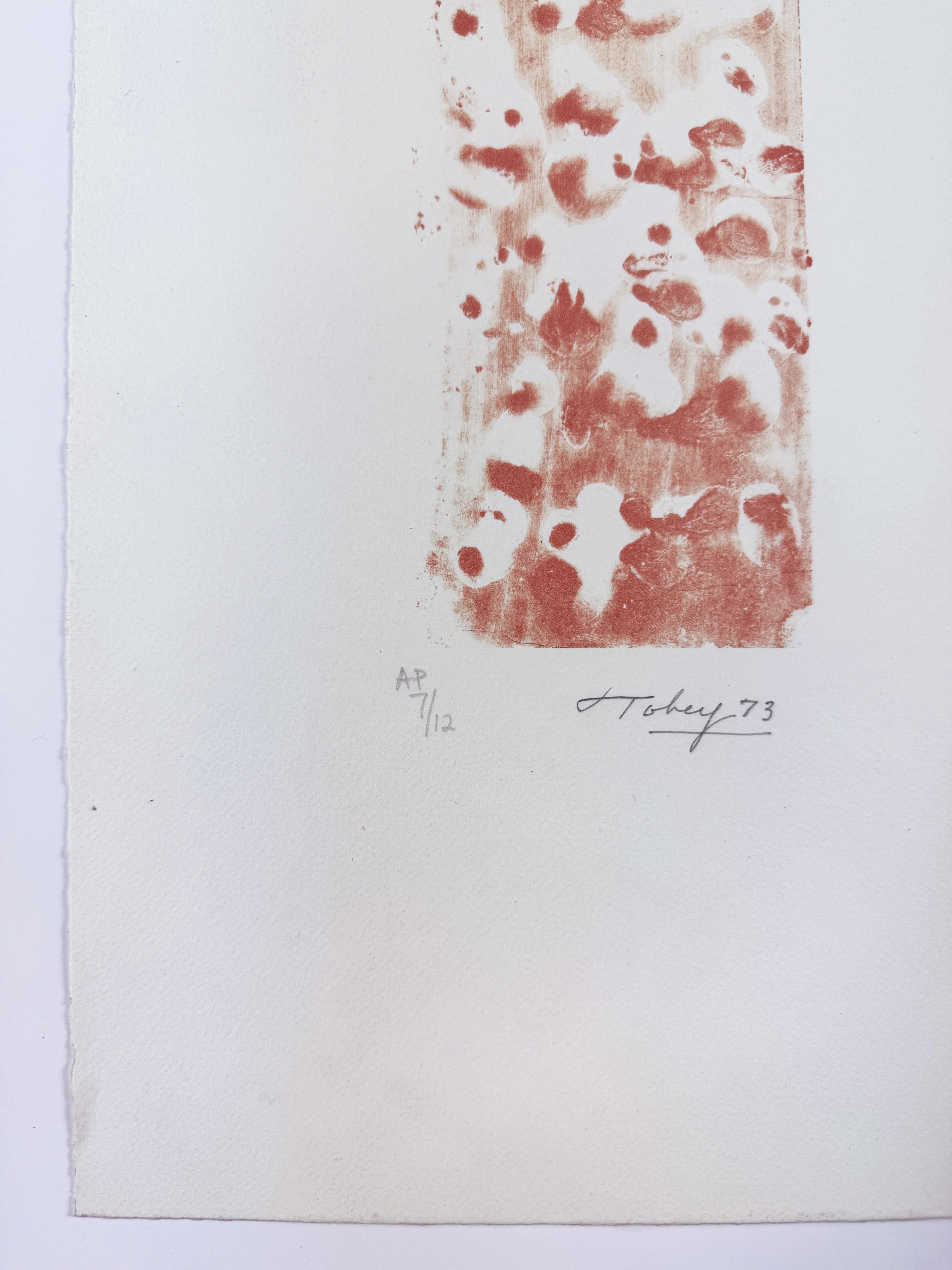 Underwater Fragment (red) by Mark Tobey calligraphic water abstract scene in red For Sale 2