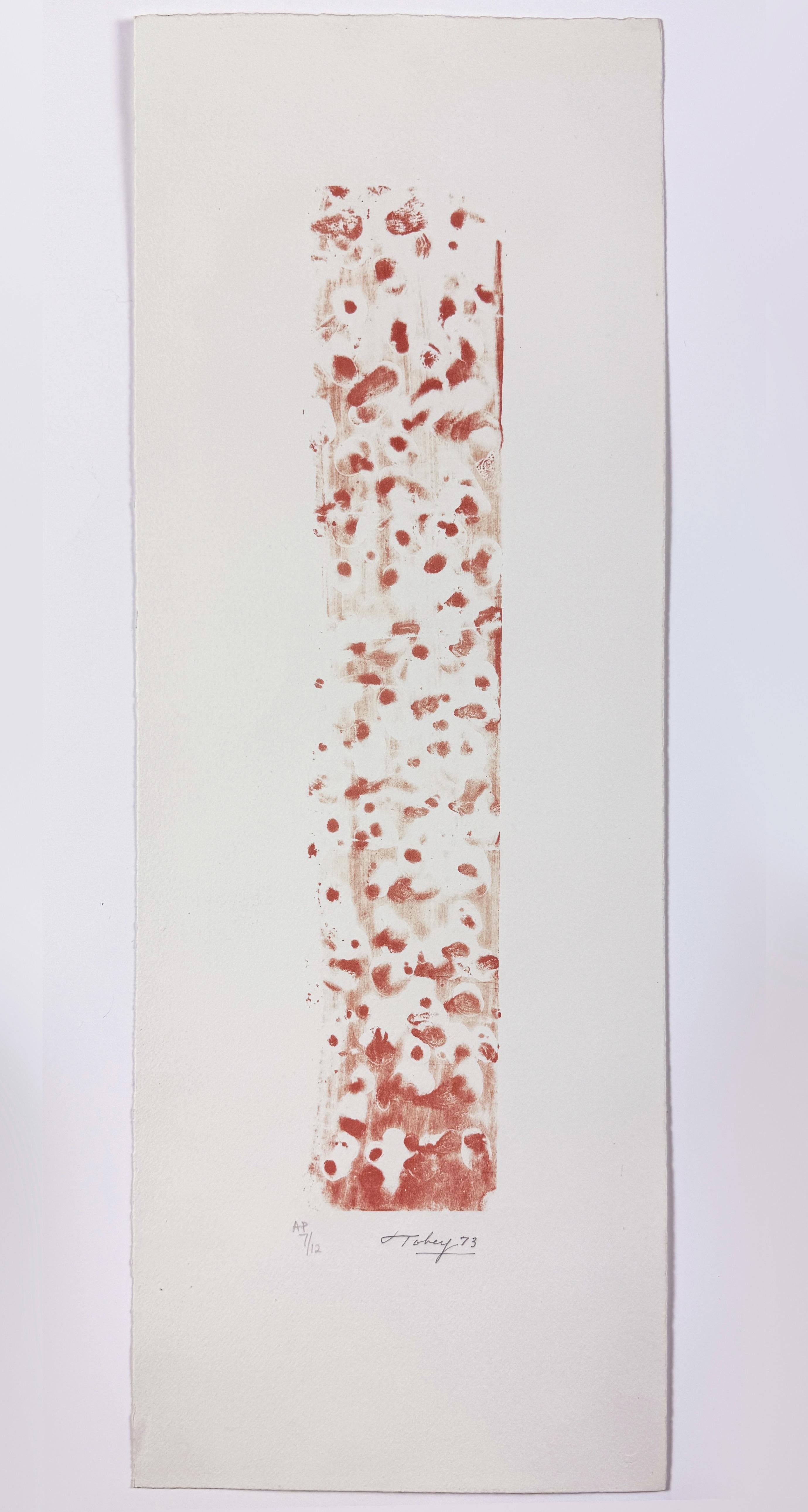 Une composition abstraite expressive et morose en rouge, avec les marques douces de Mark Tobey, inspirées de la calligraphie, qui rappellent l'eau et les bulles s'écoulant vers le haut.

Mark Tobey, Fragment sous-marin (rouge) 1973
feuille 26 15/16