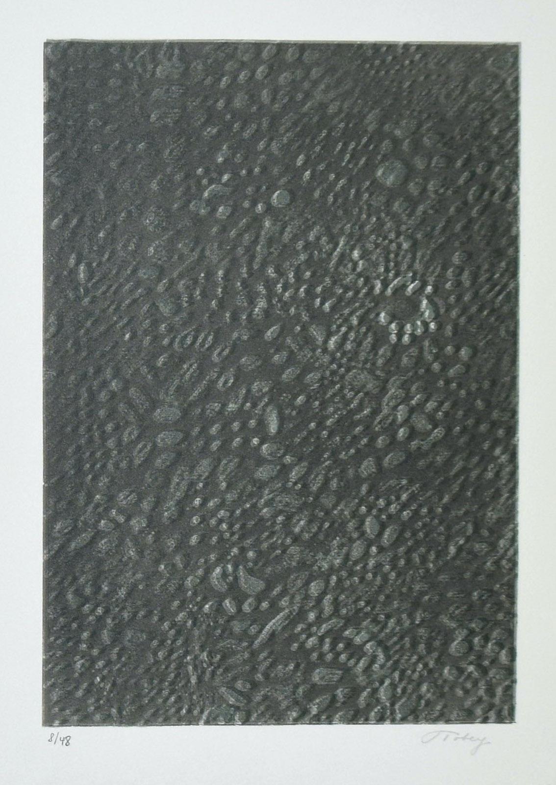 Untitled is a beautiful black and white lithograph realized in the 1970s by the artist, pioneer of Abstract Expressionism, Mark Tobey.

This original print is signed and numbered in pencil on the lower margin. Edition of 48 prints.

Very good