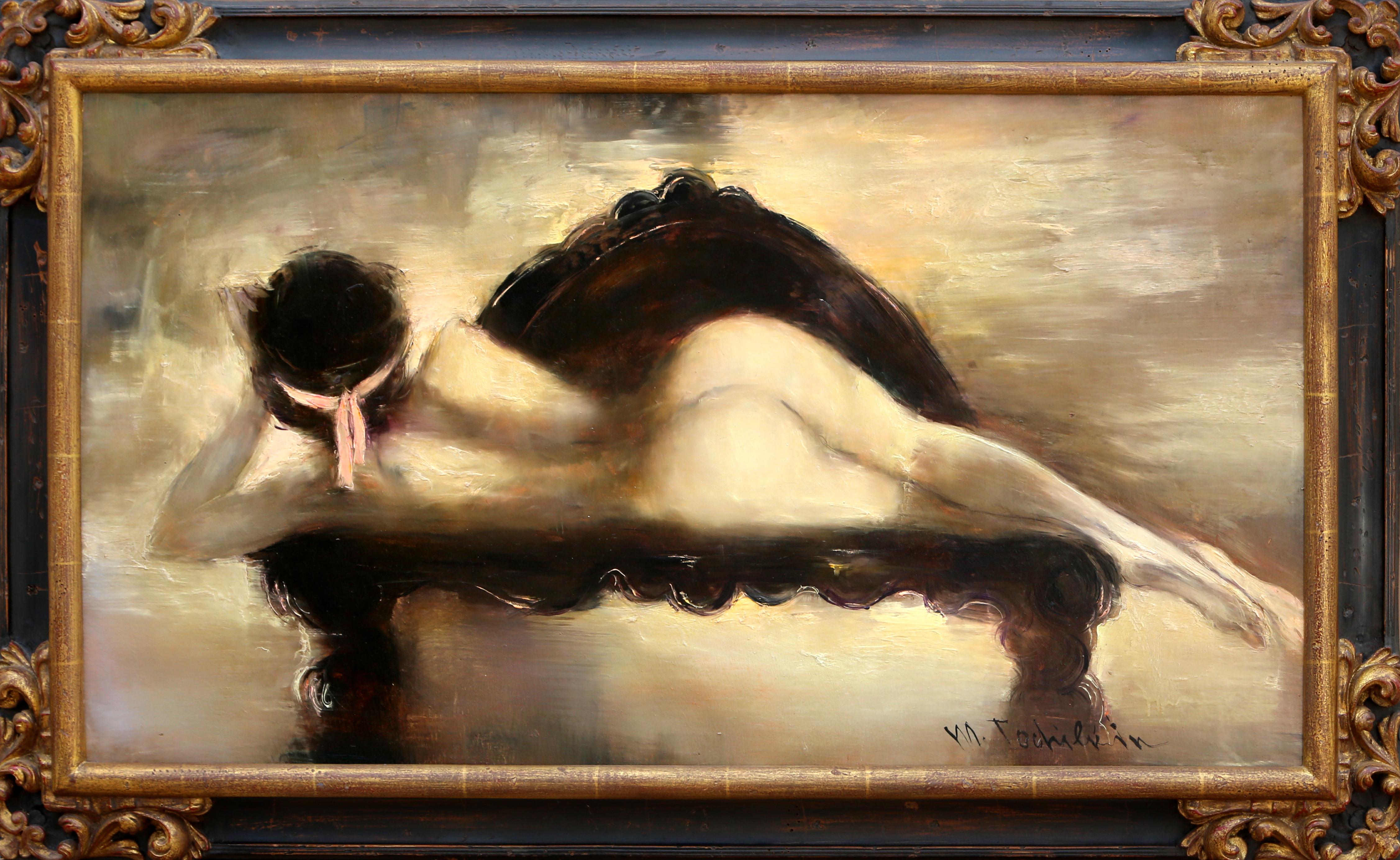 Female Nude Laying on Bench, Oil on Canvas Painting by Mark Tochlikin