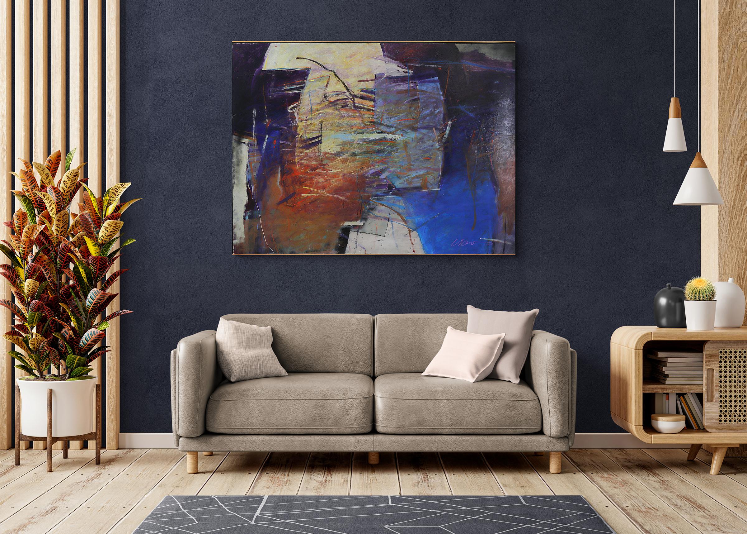 1980s Large Format Abstract Oil Painting by Mark Travis, Blue Black Purple For Sale 6