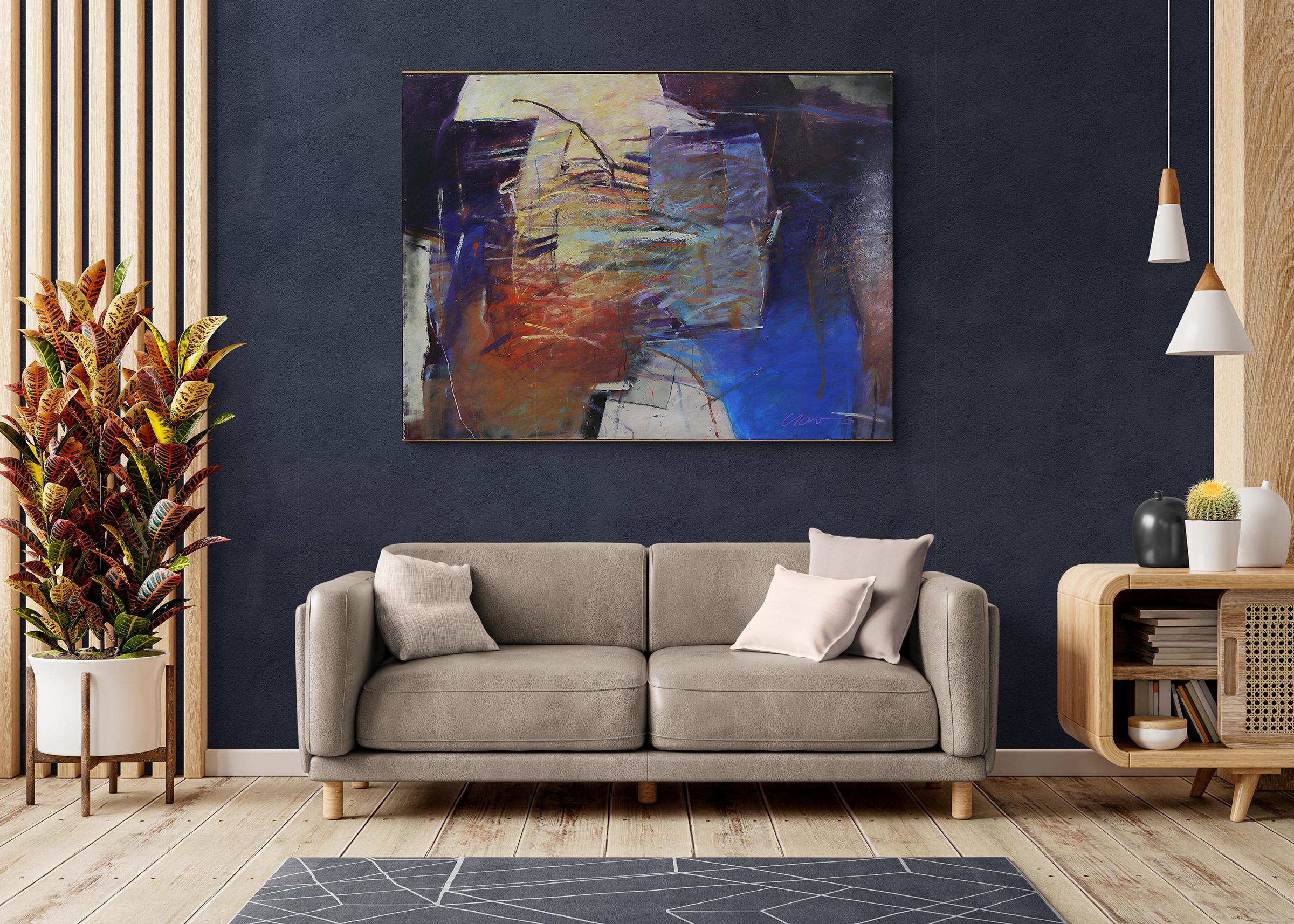 Pittura ad olio espressionista astratta di grandi dimensioni degli anni '80 - Blu umido, nero e viola 5