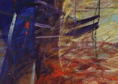 1980s Large Abstract Expressionist Oil Painting – Moody Blue, Black & Purple