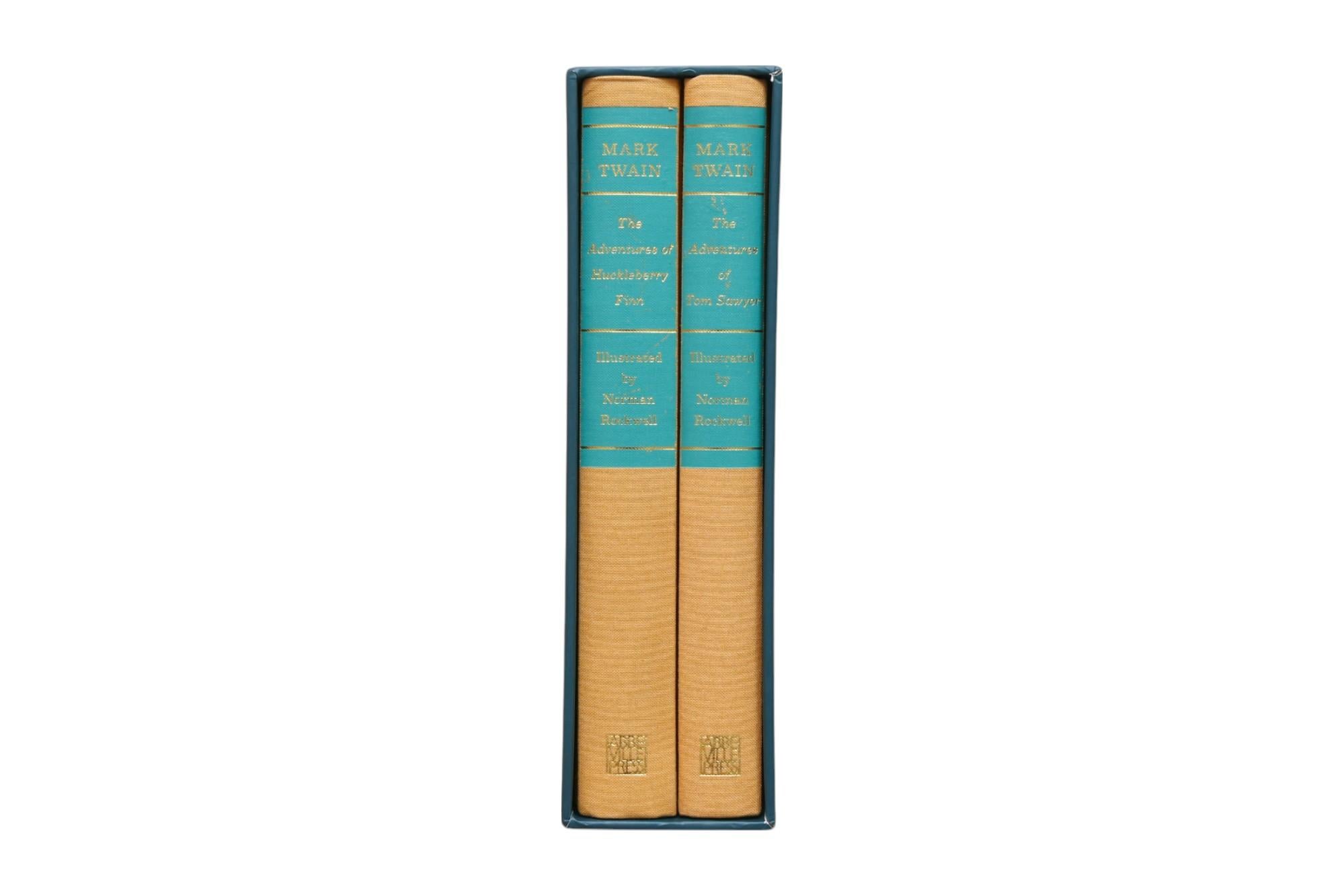 A boxed set of two Mark Twain hardcover books, with illustrations by Norman Rockwell. Includes The Adventures of Tom Sawyer and The Adventures of Huckleberry Finn. Published by Abbeville Press, stated Abbeville Press first edition.