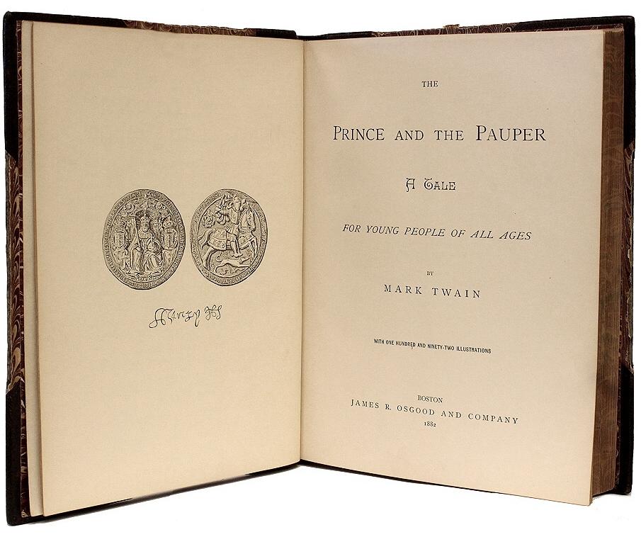 Author: [CLEMENS, Samuel] - Mark Twain

Title: The Prince and the Pauper: A Tale for Young People of All Ages.

Publisher: Boston: James R. Osgood, 1882.

Description: First Edition Second State. 1 vol., with 192 illustrations, corrected text