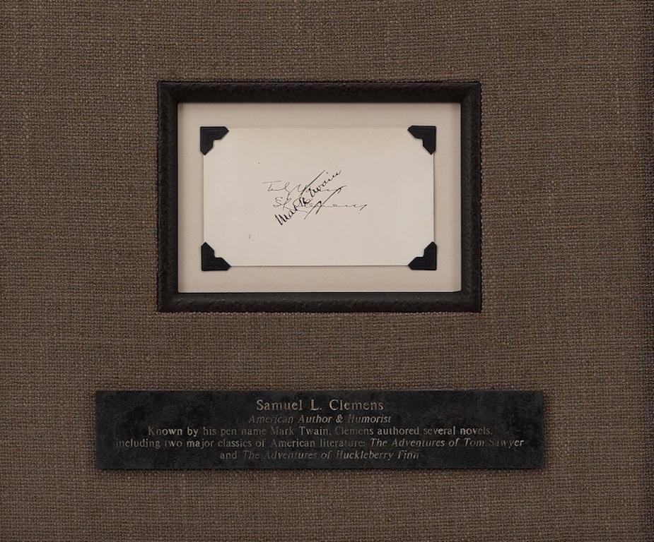 Offered is a unique Mark Twain twice-signed autograph collage. Horizontally, Mark Twain has inscribed the card in his given name 