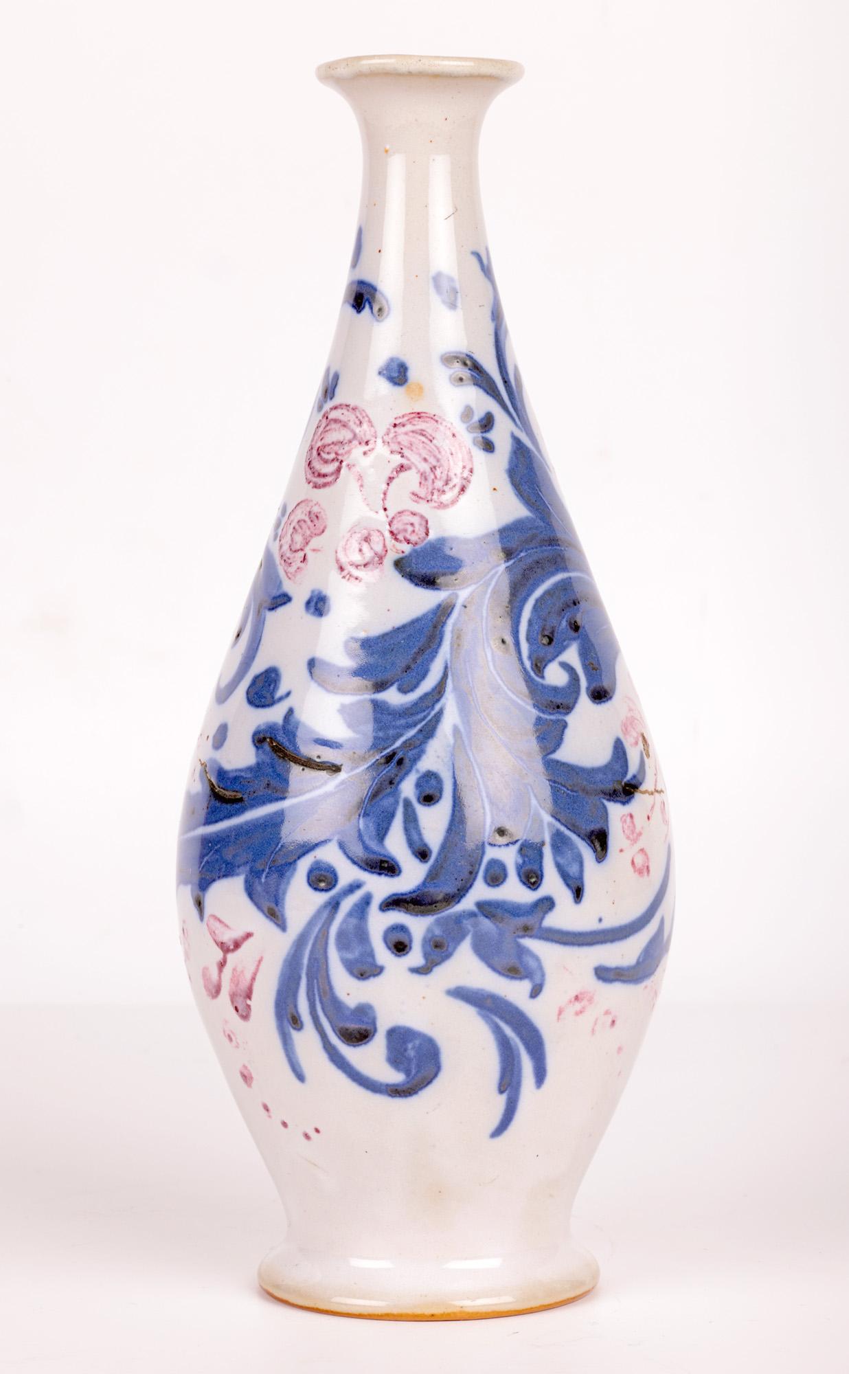 Hand-Painted Mark V Marshall Doulton Lambeth Abstract Leaf & Berry Design Vase For Sale