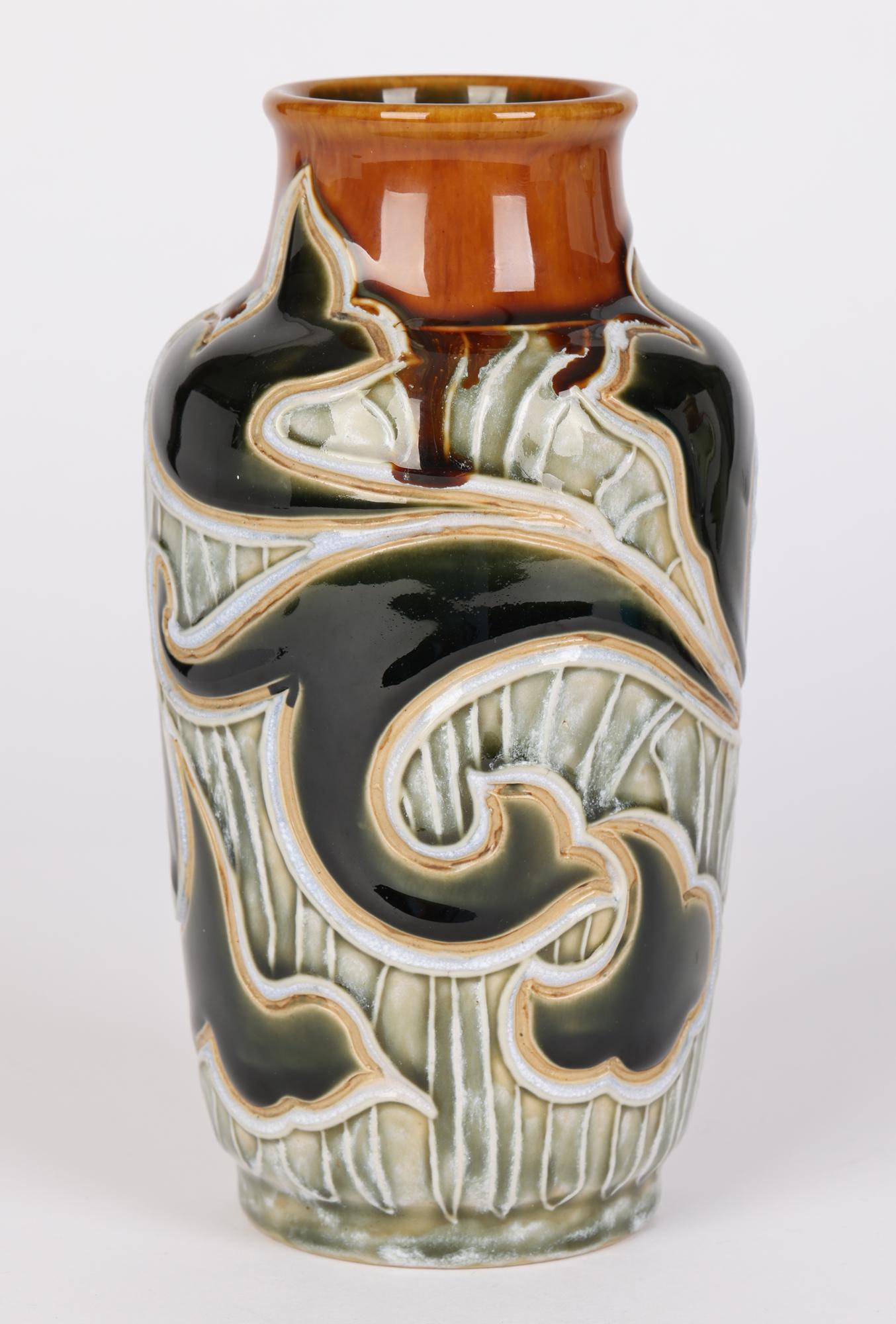 Stoneware Mark V Marshall Doulton Lambeth Art Nouveau Abstract Leaf Design Vase For Sale