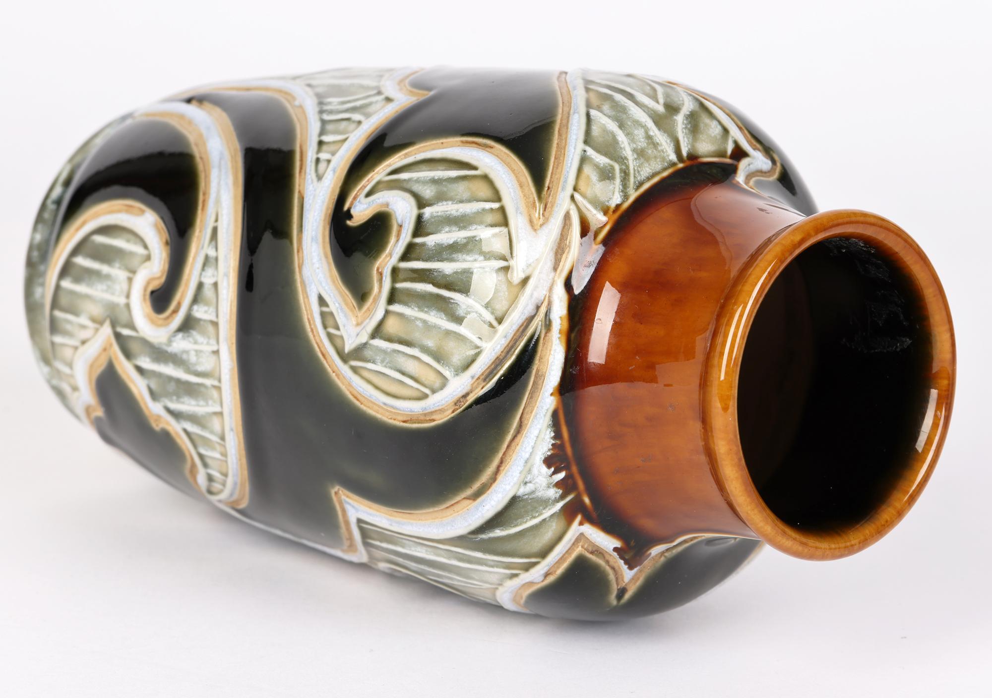 English Mark V Marshall Doulton Lambeth Art Nouveau Abstract Leaf Design Vase For Sale