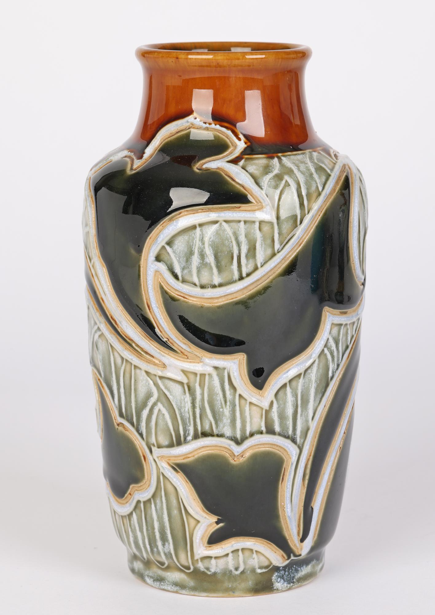 Glazed Mark V Marshall Doulton Lambeth Art Nouveau Abstract Leaf Design Vase For Sale
