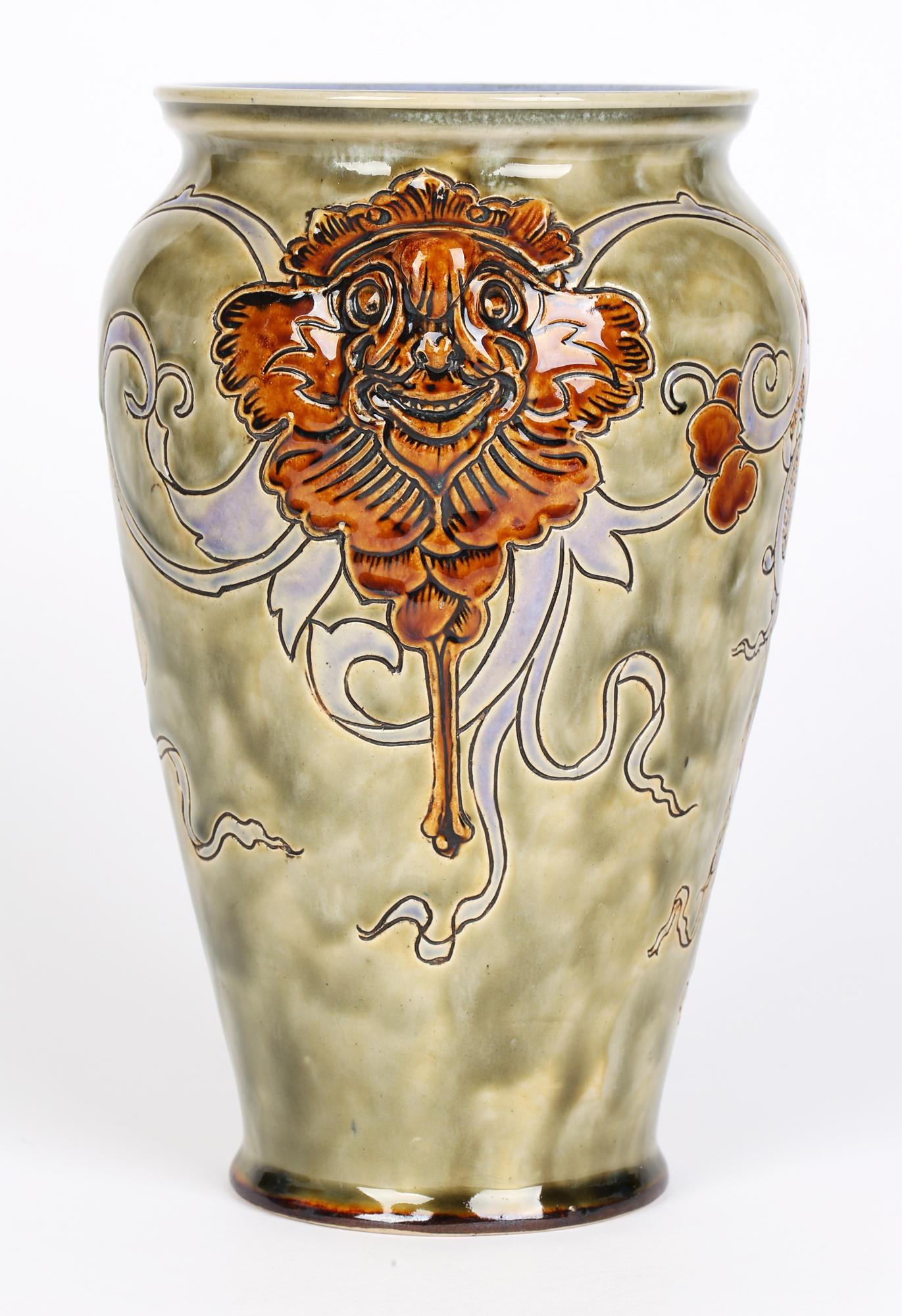 Stoneware Mark V Marshall Doulton Lambeth Art Nouveau Gothic Grotesque Mask Vase For Sale
