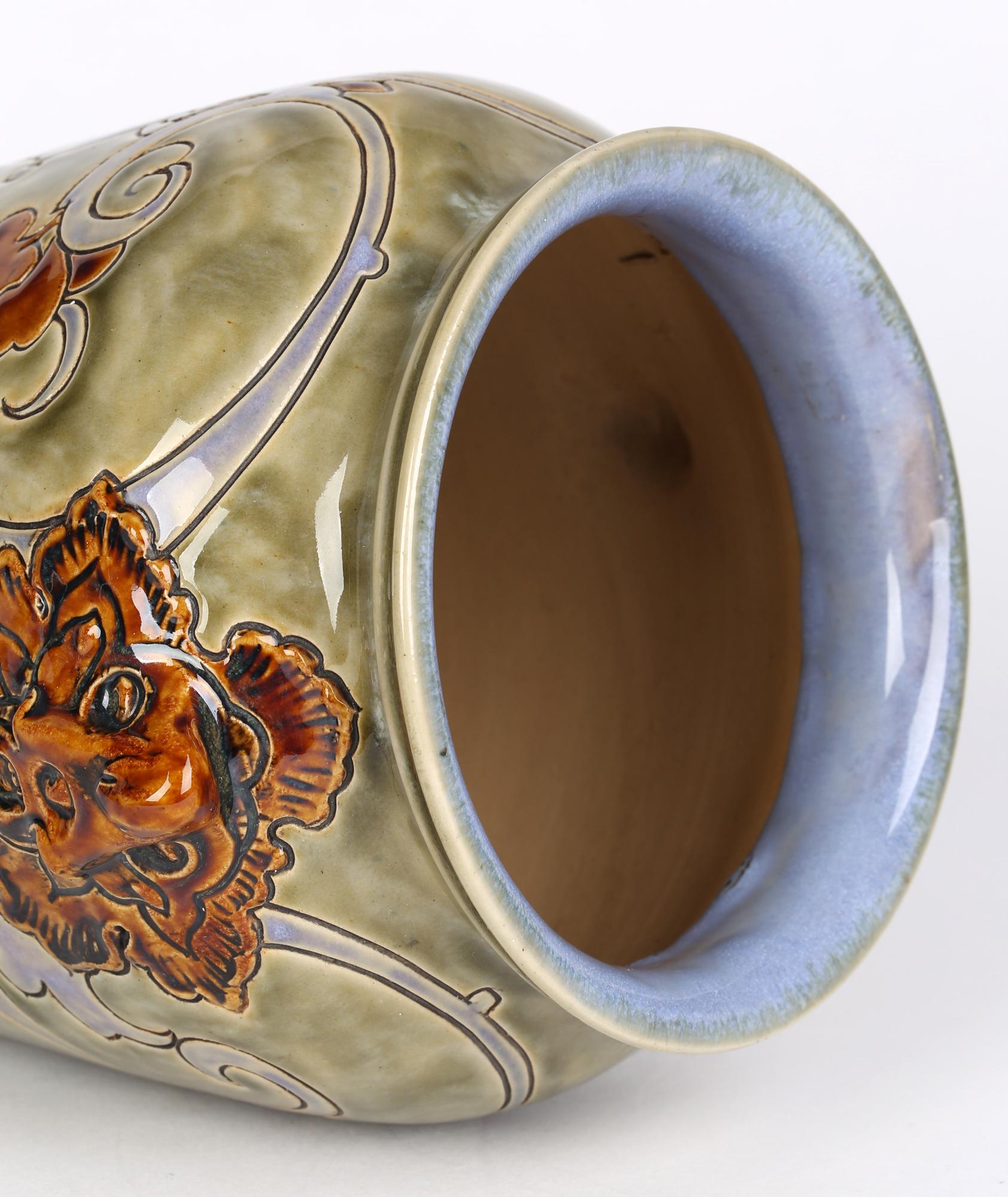 Mark V Marshall Doulton Lambeth Art Nouveau Gothic Grotesque Mask Vase For Sale 4