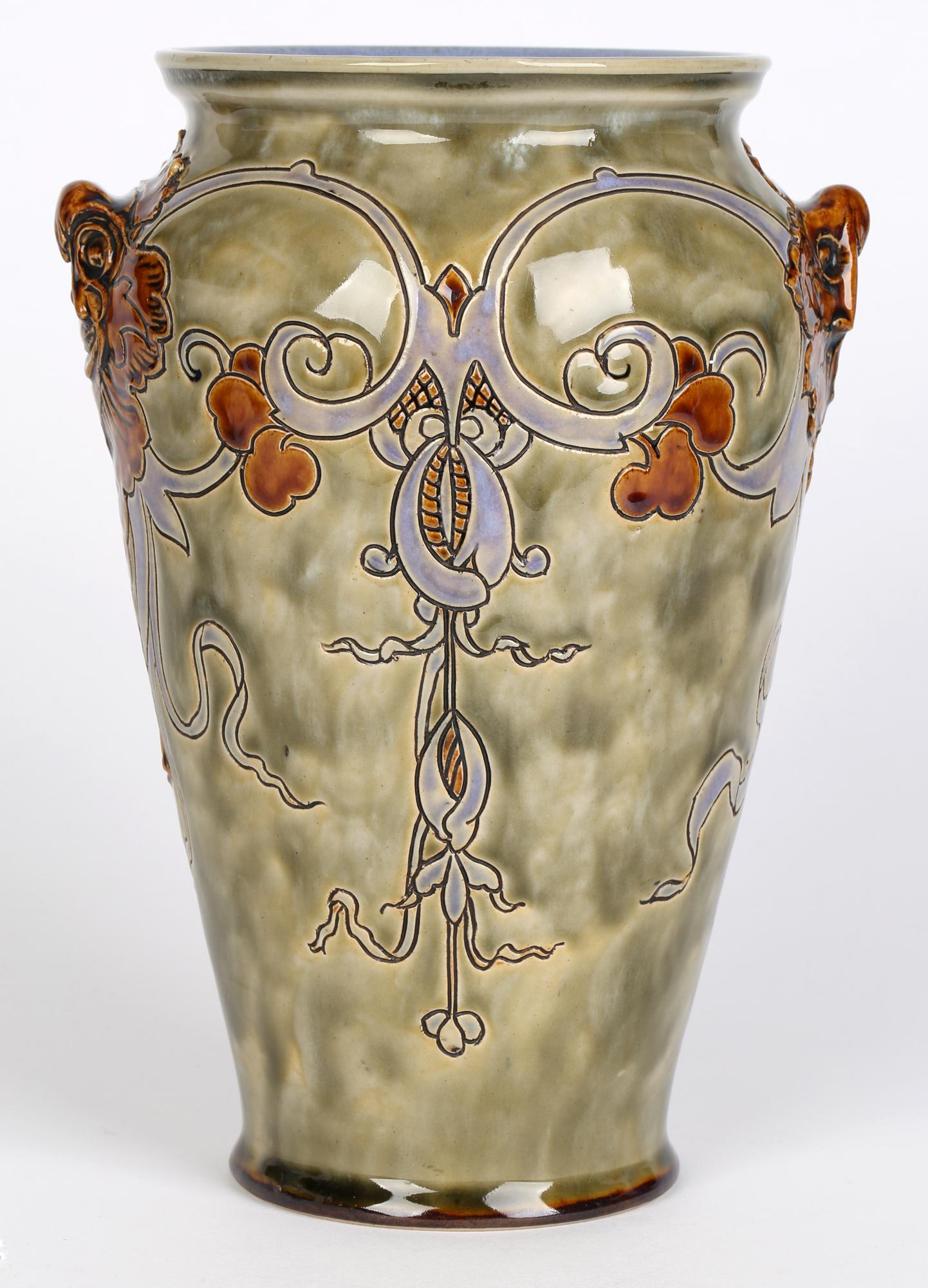 Mark V Marshall Doulton Lambeth Art Nouveau Gothic Grotesque Mask Vase For Sale 5