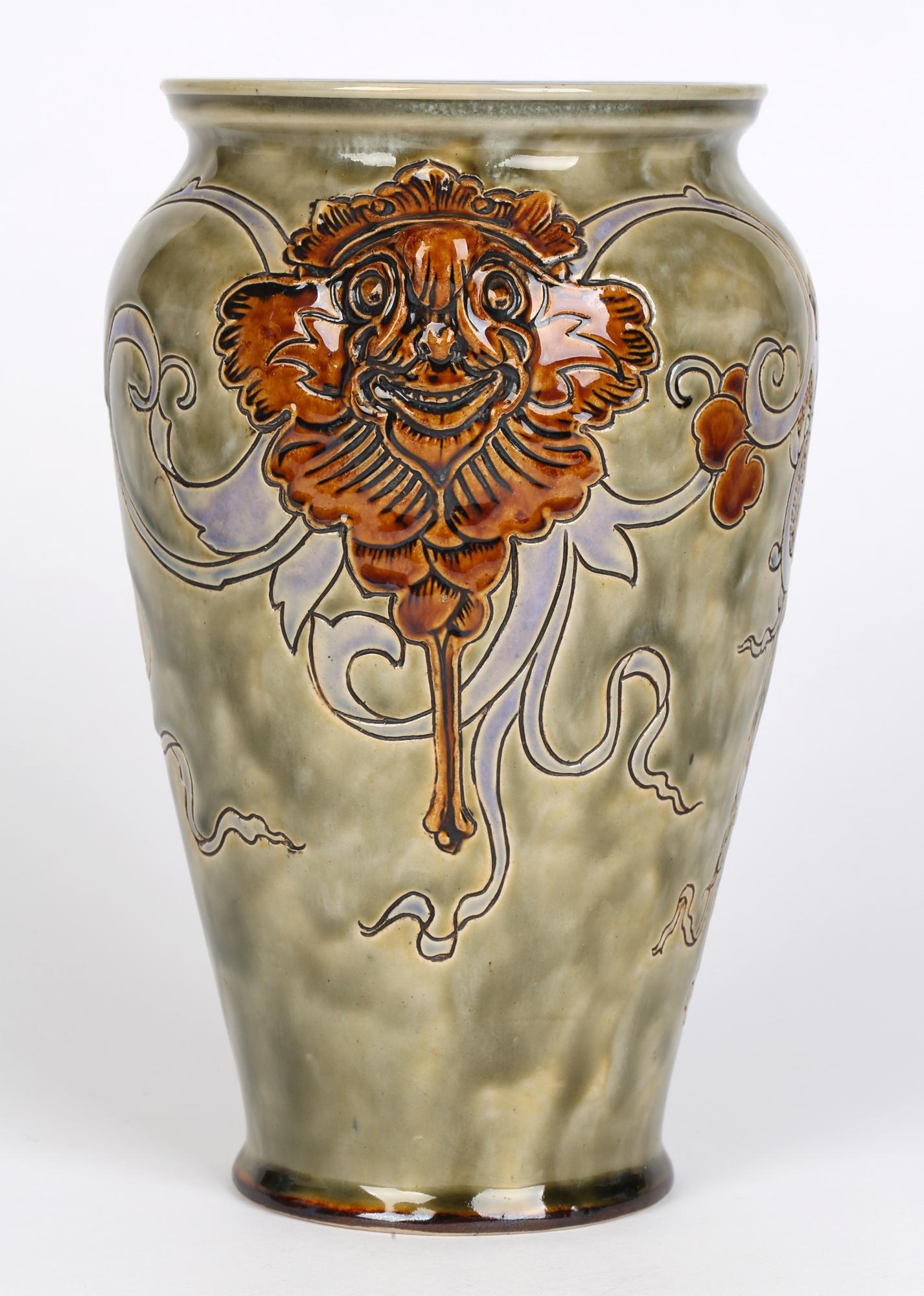 English Mark V Marshall Doulton Lambeth Art Nouveau Gothic Grotesque Mask Vase For Sale