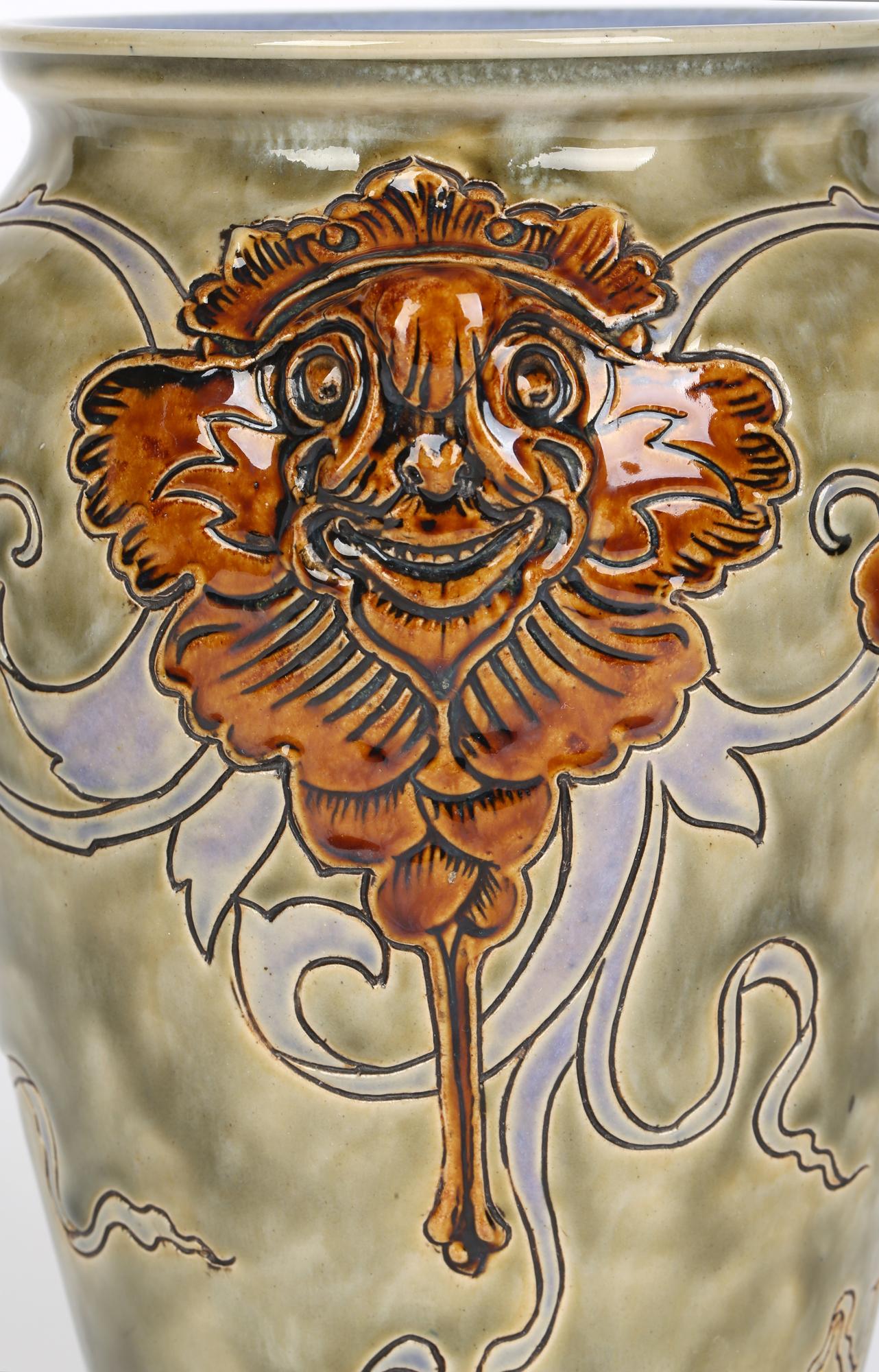 Glazed Mark V Marshall Doulton Lambeth Art Nouveau Gothic Grotesque Mask Vase For Sale