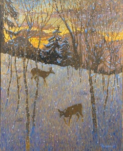 Mark Verna, "Dawn Snowfall", 30x24, Winter Deer Woods Landscape Oil Painting