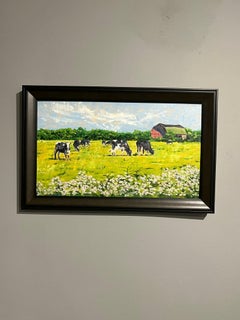 Mark Verna, "Sunny Cows", 8.5x14.5, Summer Holstein Barn Landscape Oil Painting