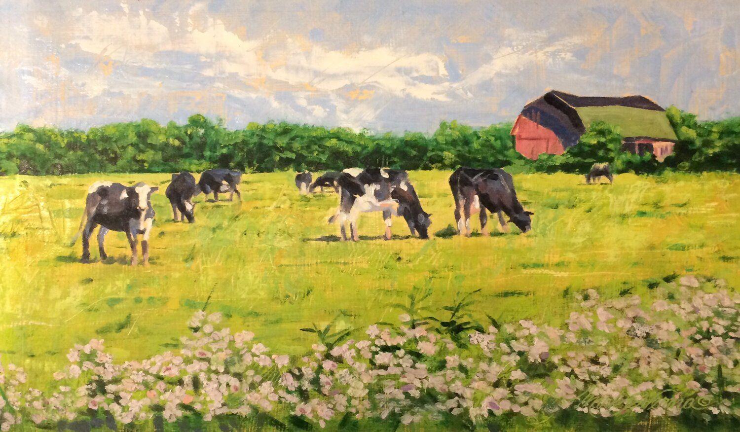 Mark Verna, "Sunny Cows", 8.5x14.5, peinture à l'huile d'un paysage d'étable Holstein d'été