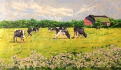 Mark Verna, "Sunny Cows", 8.5x14.5, Summer Holstein Barn Landscape Oil Painting