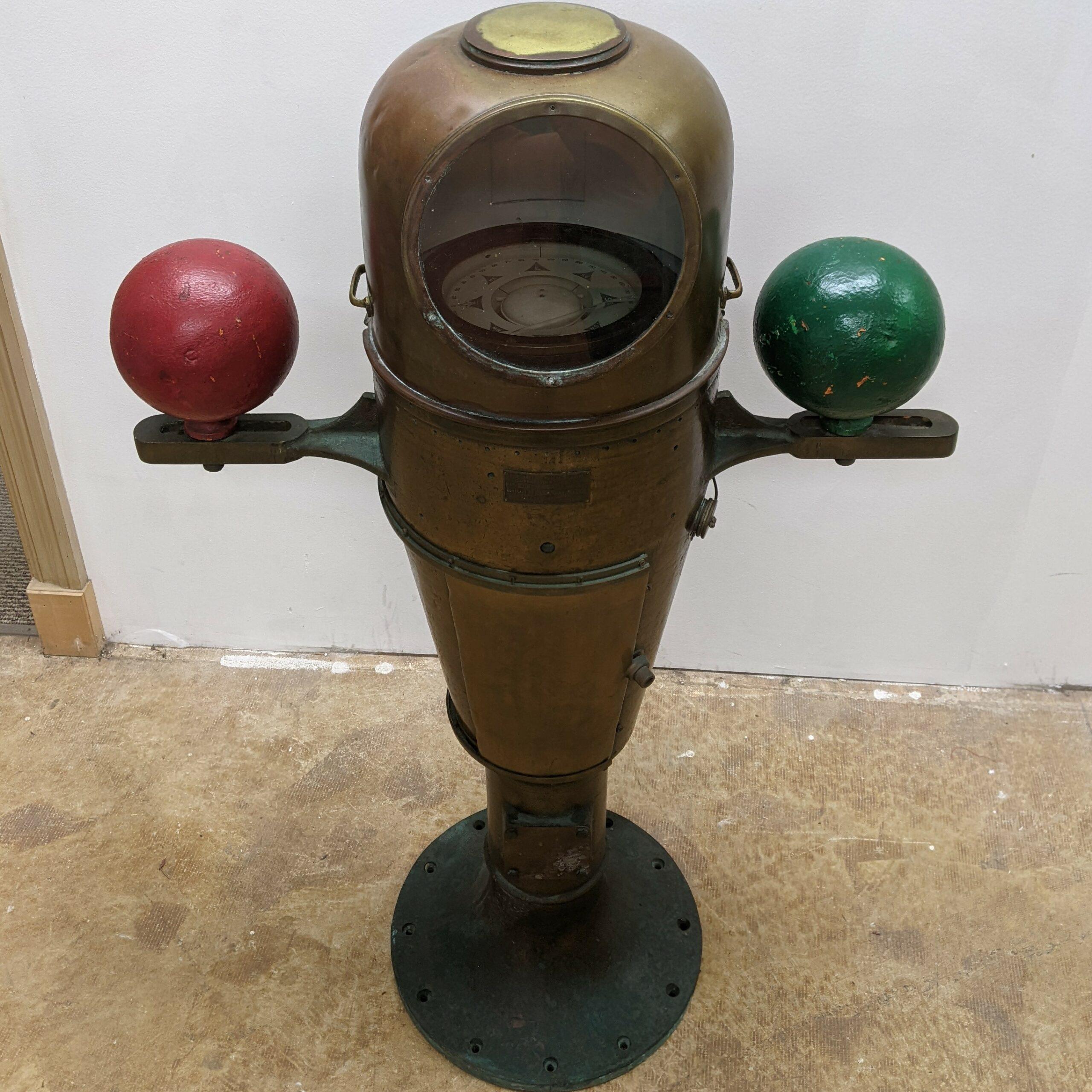 The Mark VII Mod 2 1942 US Navy Compensating Binnacle is a rare and unique item with a rich history. It was originally used on a Victory Class ship, a type of cargo ship commissioned by the United States Maritime Commission during World War II to