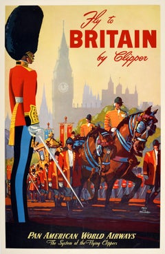 Affiche de voyage vintage originale Grande-Bretagne Pan Am Airline Clipper Mark von Arenburg