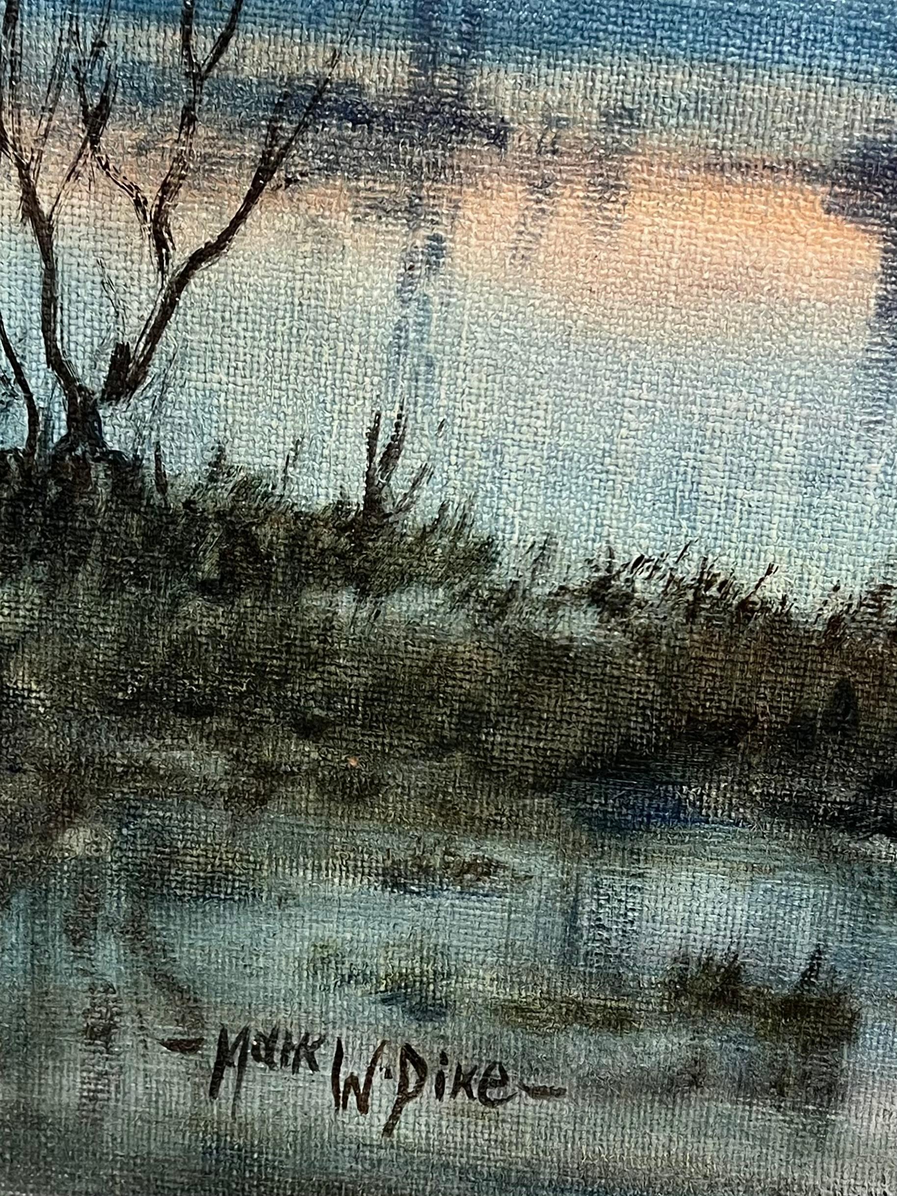 Large 1970's British Signed Oil Painting Atmospheric Flooded Fields Sunset For Sale 7