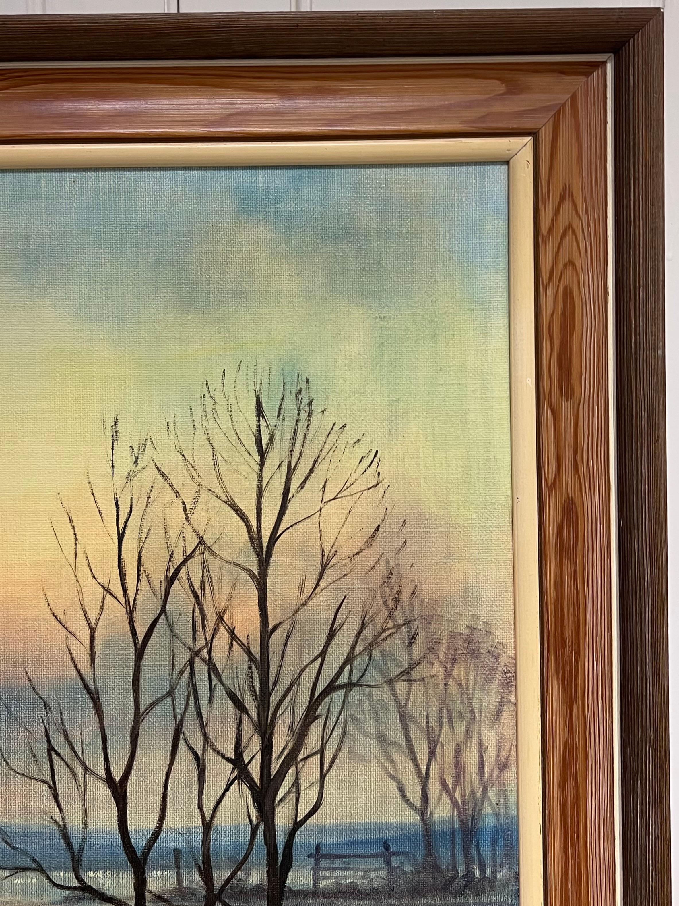Large 1970's British Signed Oil Painting Atmospheric Flooded Fields Sunset For Sale 8