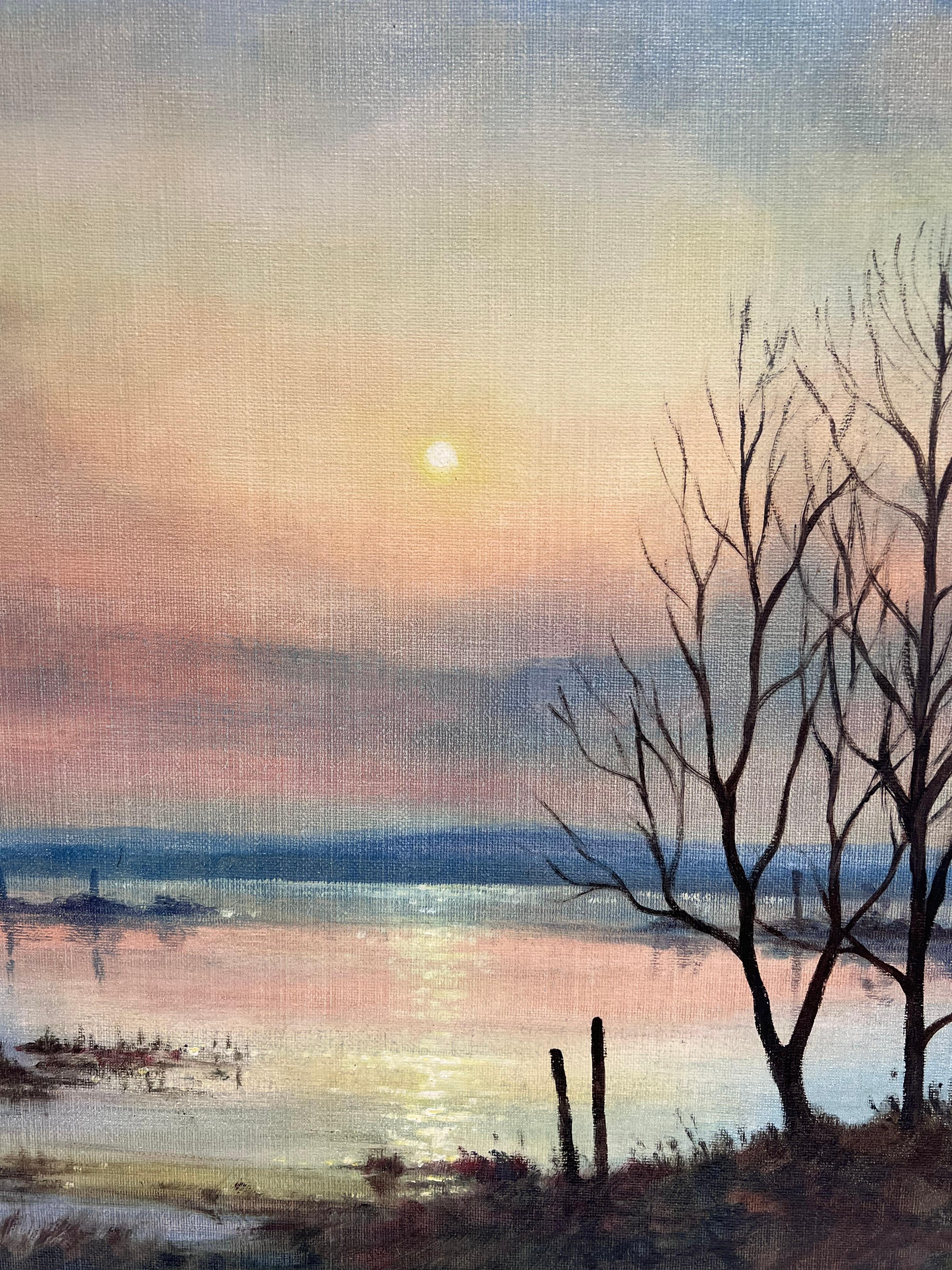 Large 1970's British Signed Oil Painting Atmospheric Flooded Fields Sunset For Sale 9