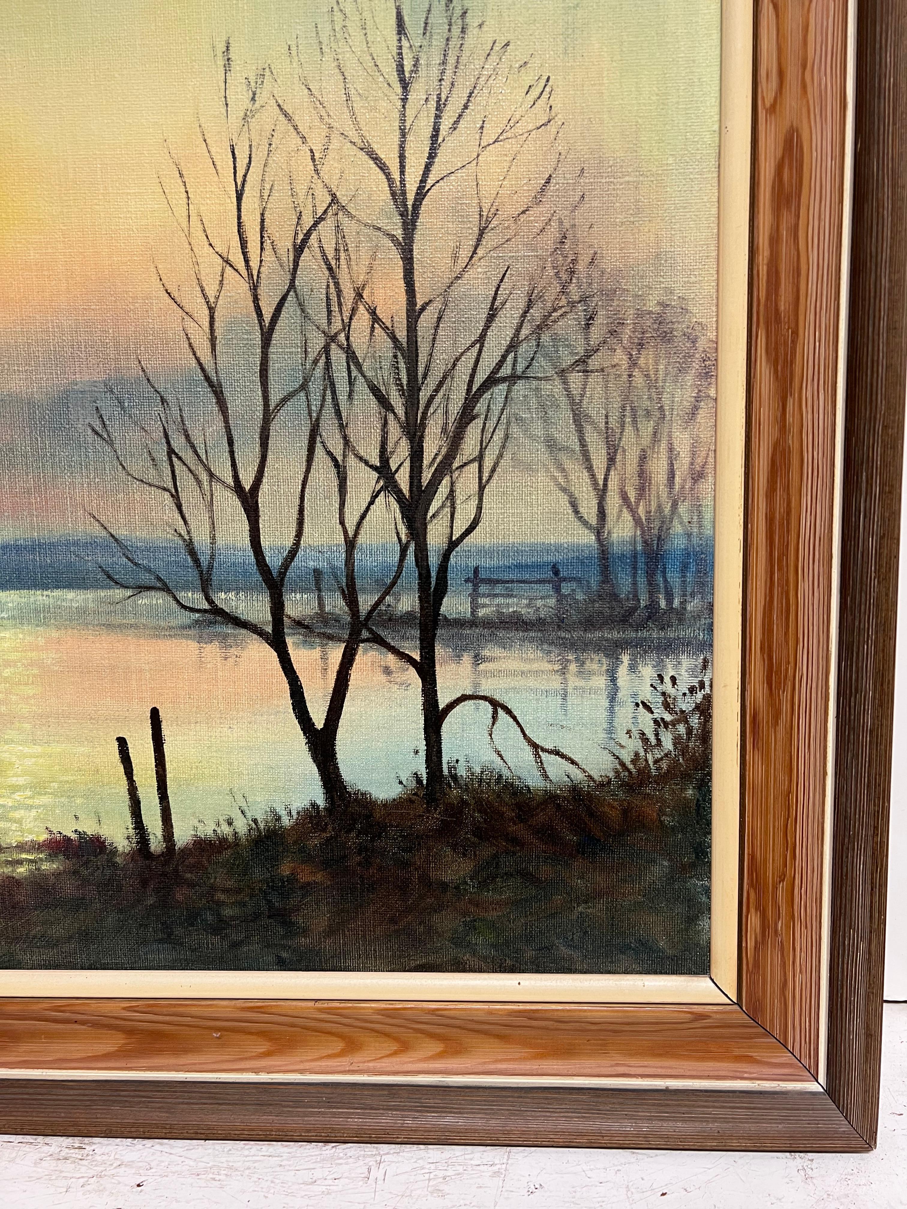 Large 1970's British Signed Oil Painting Atmospheric Flooded Fields Sunset - Brown Landscape Painting by Mark W. Pike