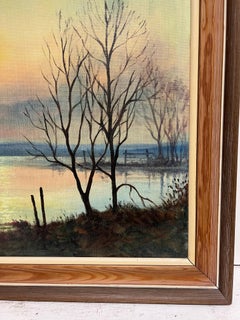 Large 1970's British Signed Oil Painting Atmospheric Flooded Fields Sunset