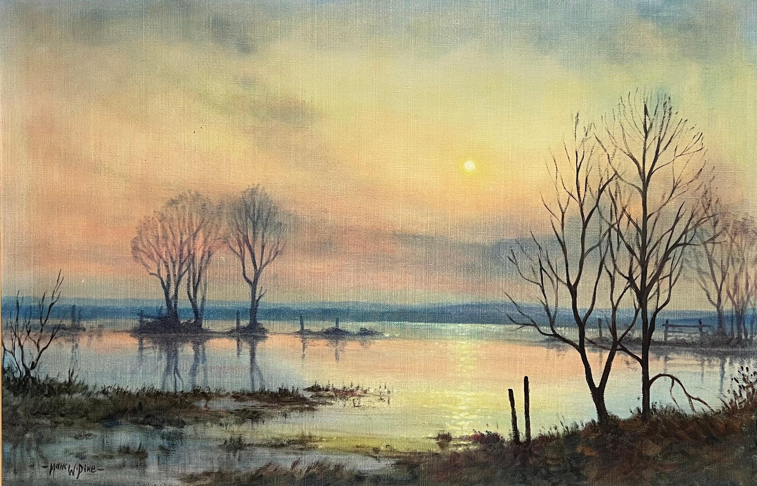 Large 1970's British Signed Oil Painting Atmospheric Flooded Fields Sunset For Sale 1